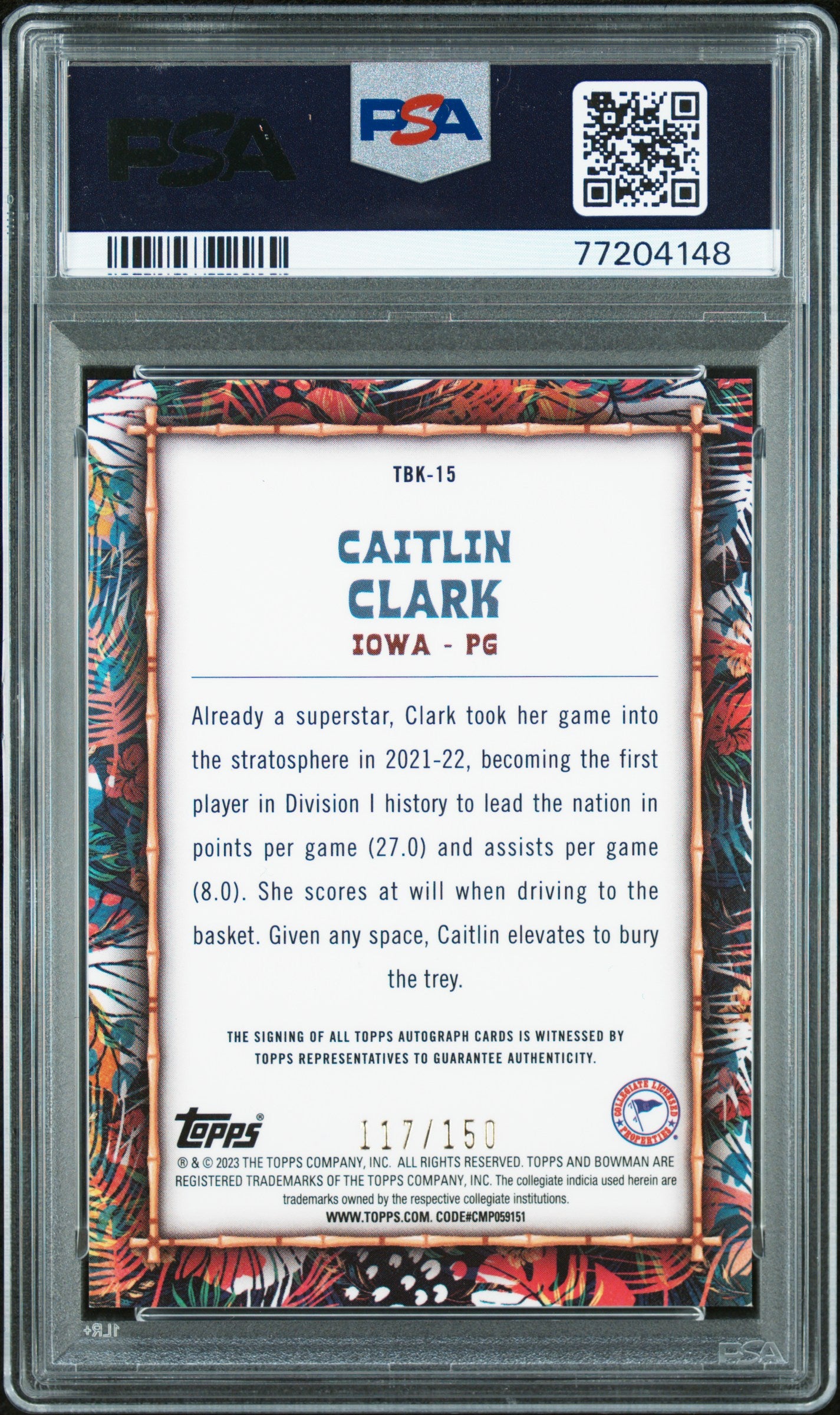Caitlin Clark 2022 Bowman University Big Kahuna Auto #117/150 PSA 9 Auto 10