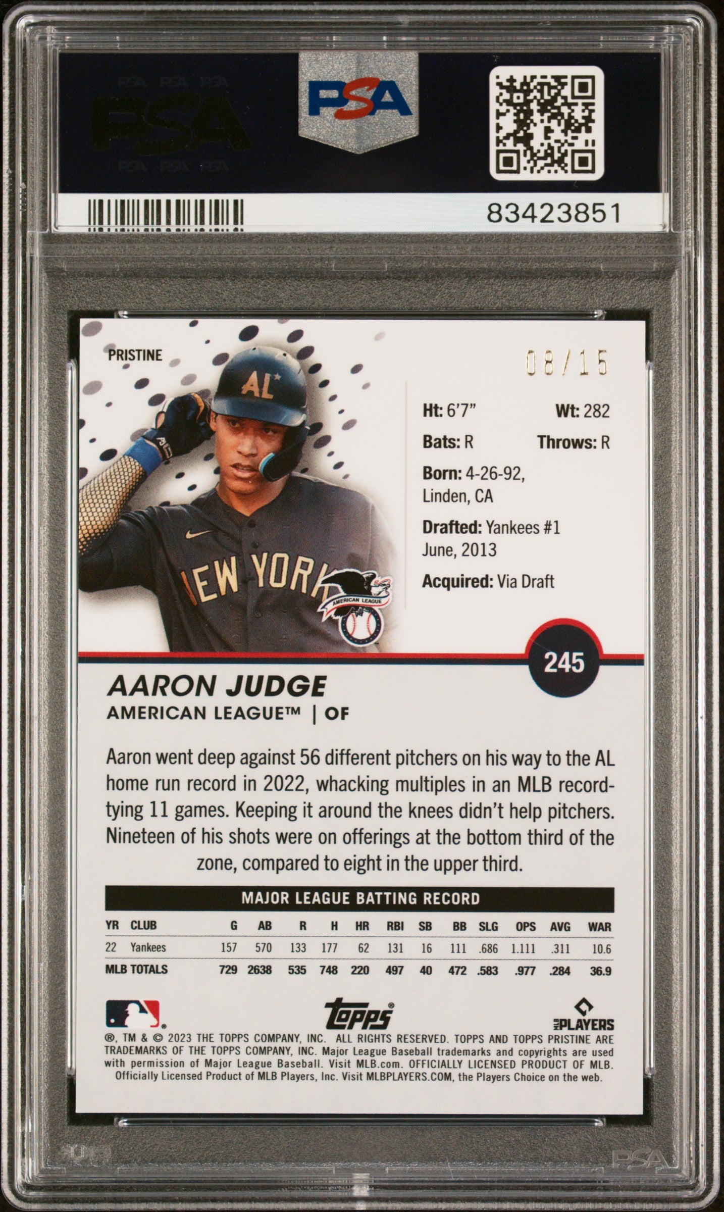Aaron Judge 2023 Topps Pristine Pink Refractor #8/15 PSA 9 Mint