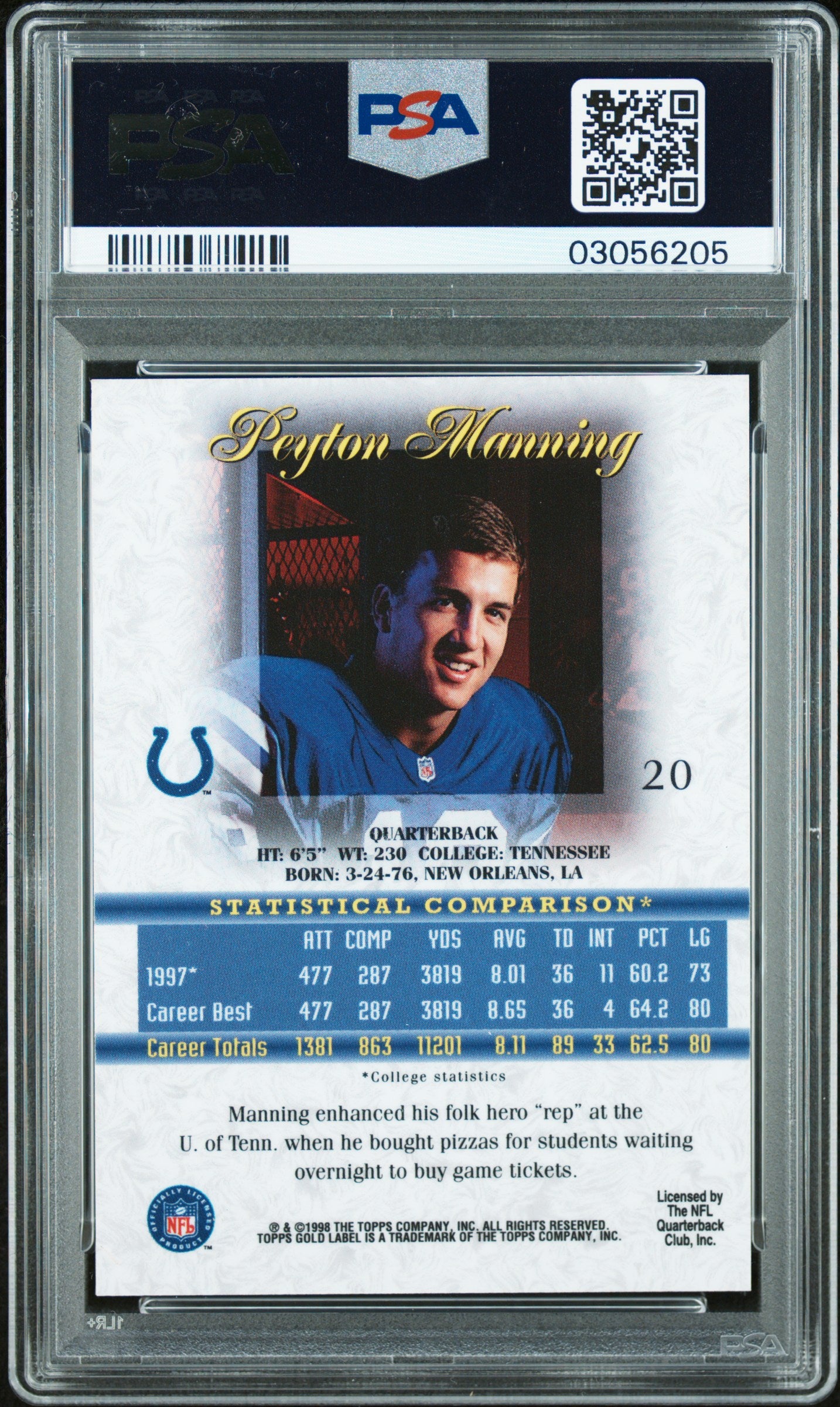 Peyton Manning 1998 Topps Gold Label Rookie #20 PSA 10 Gem Mint