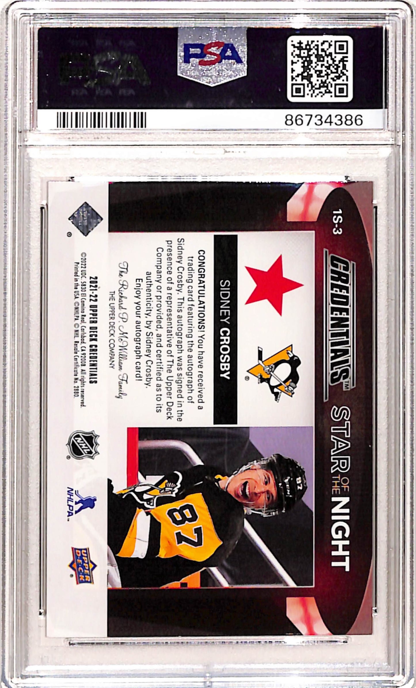 Sidney Crosby 2021 Upper Deck Credentials 1st Star Auto #4/5 PSA 8 Nm-Mint