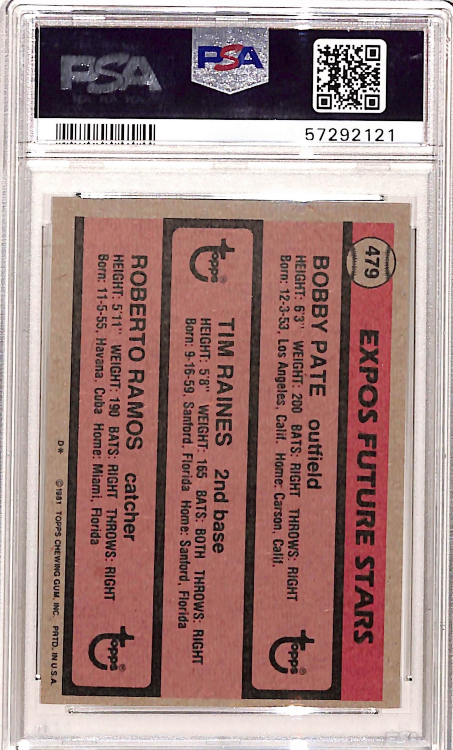Tim Raines 1981 Topps Rookie #479 PSA 9 Mint