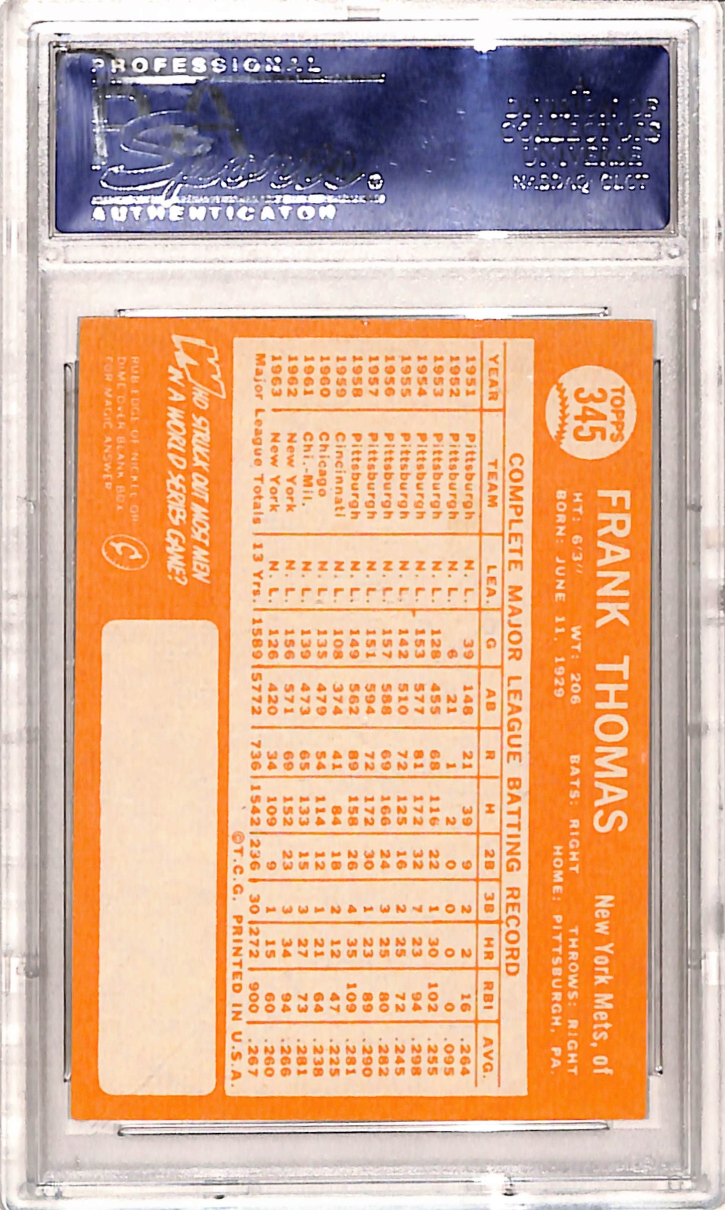 Frank Thomas 1964 Topps #345 PSA 10 Gem Mint
