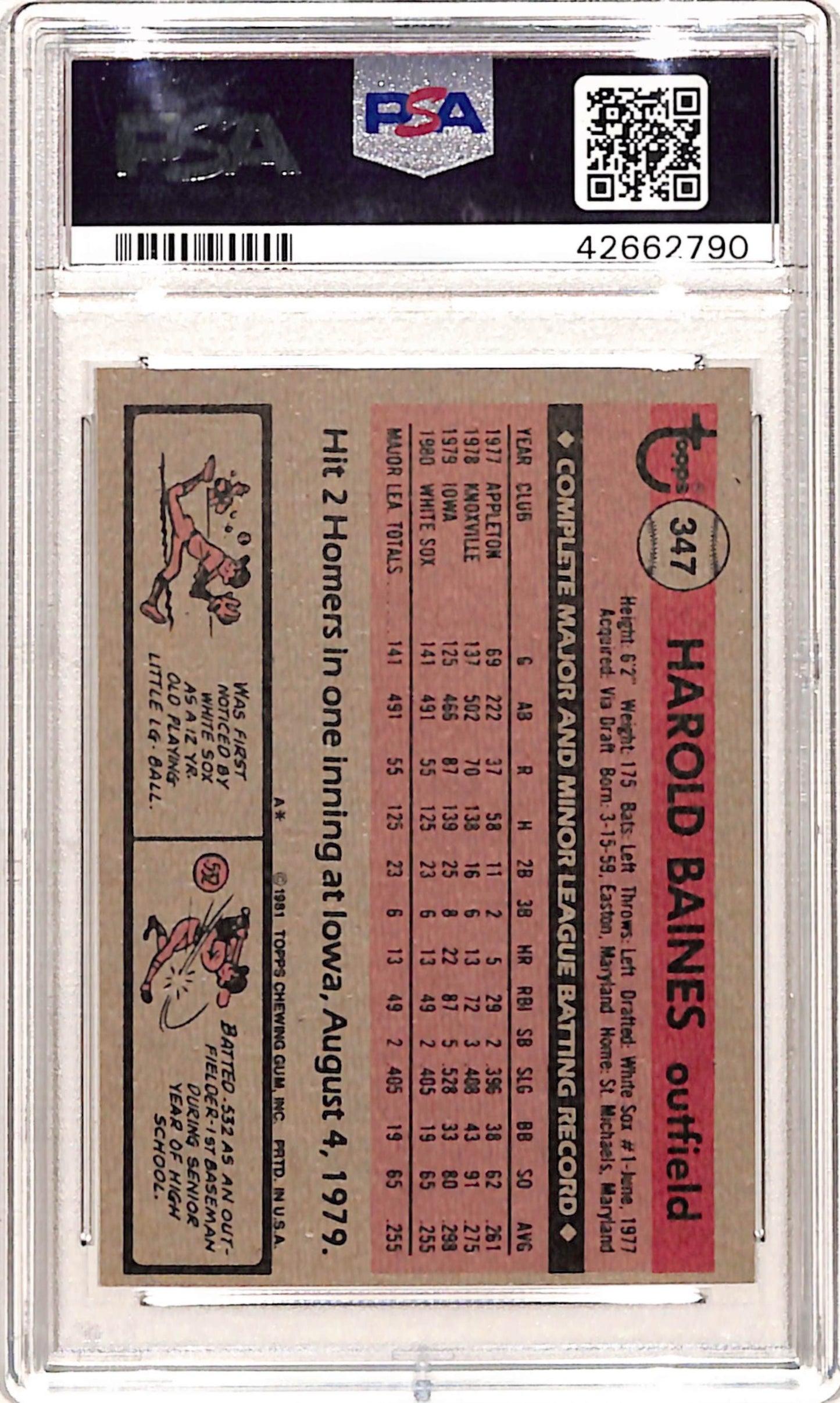 Harold Baines 1981 Topps Rookie #347 PSA 9 Mint 2790