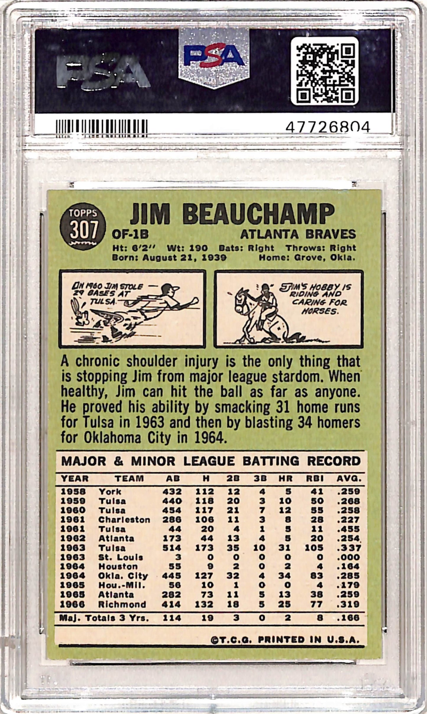 Jim Beauchamp 1967 Topps #307 PSA 10 Gem Mint