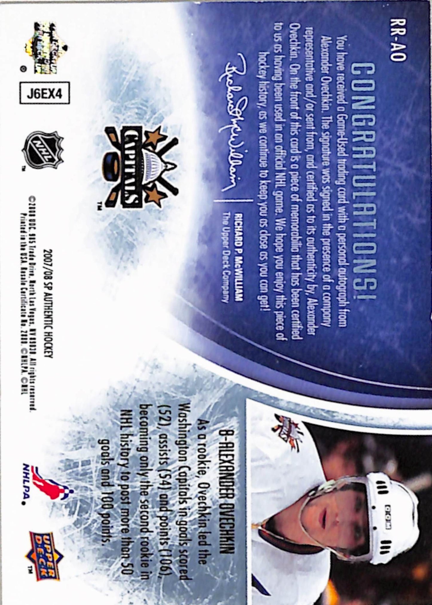 Alex Ovechkin 2007 Upper Deck SP Authentic Rookie Review Patch Auto #19/100