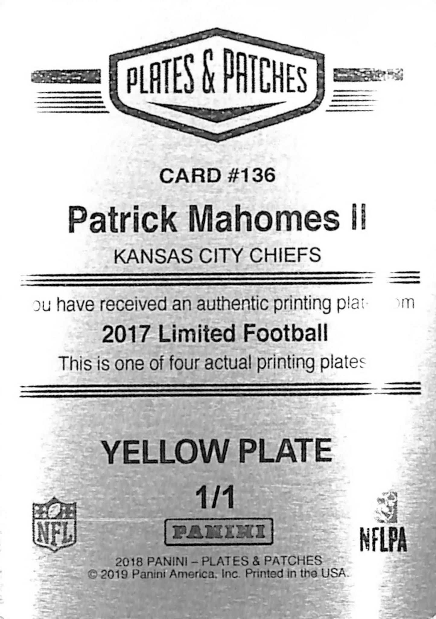Patrick Mahomes 2017 Panini Limited Yellow Printing Plate #1/1