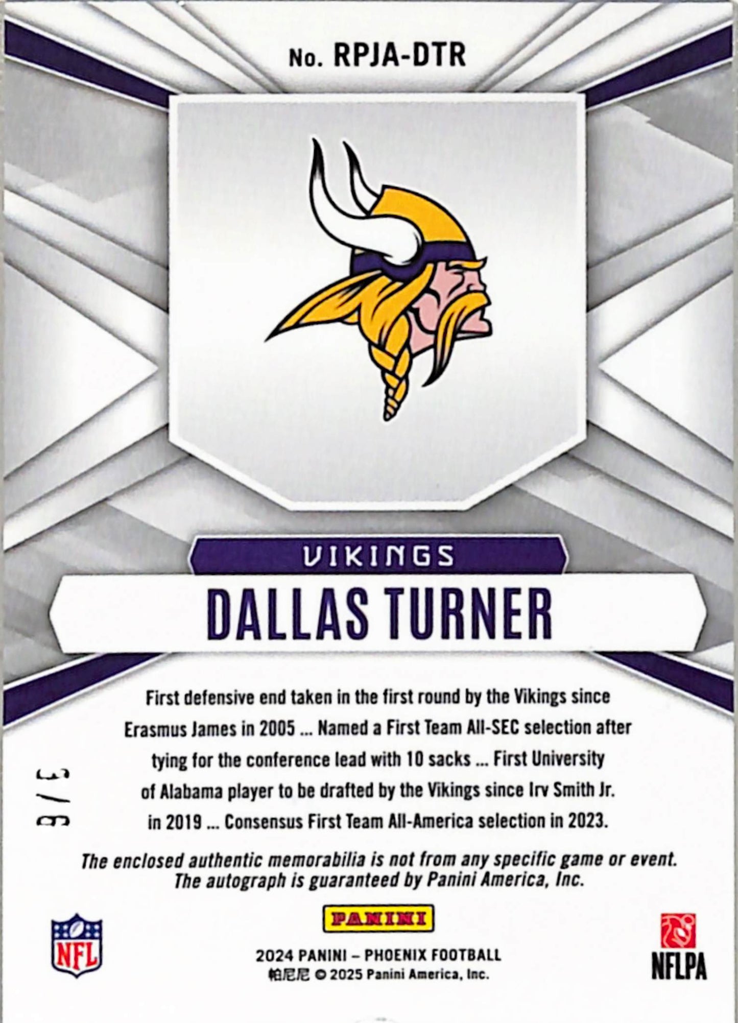 Dallas Turner 2024 Panini Phoenix Rookie Phenom Nike Swoosh Auto #3/6
