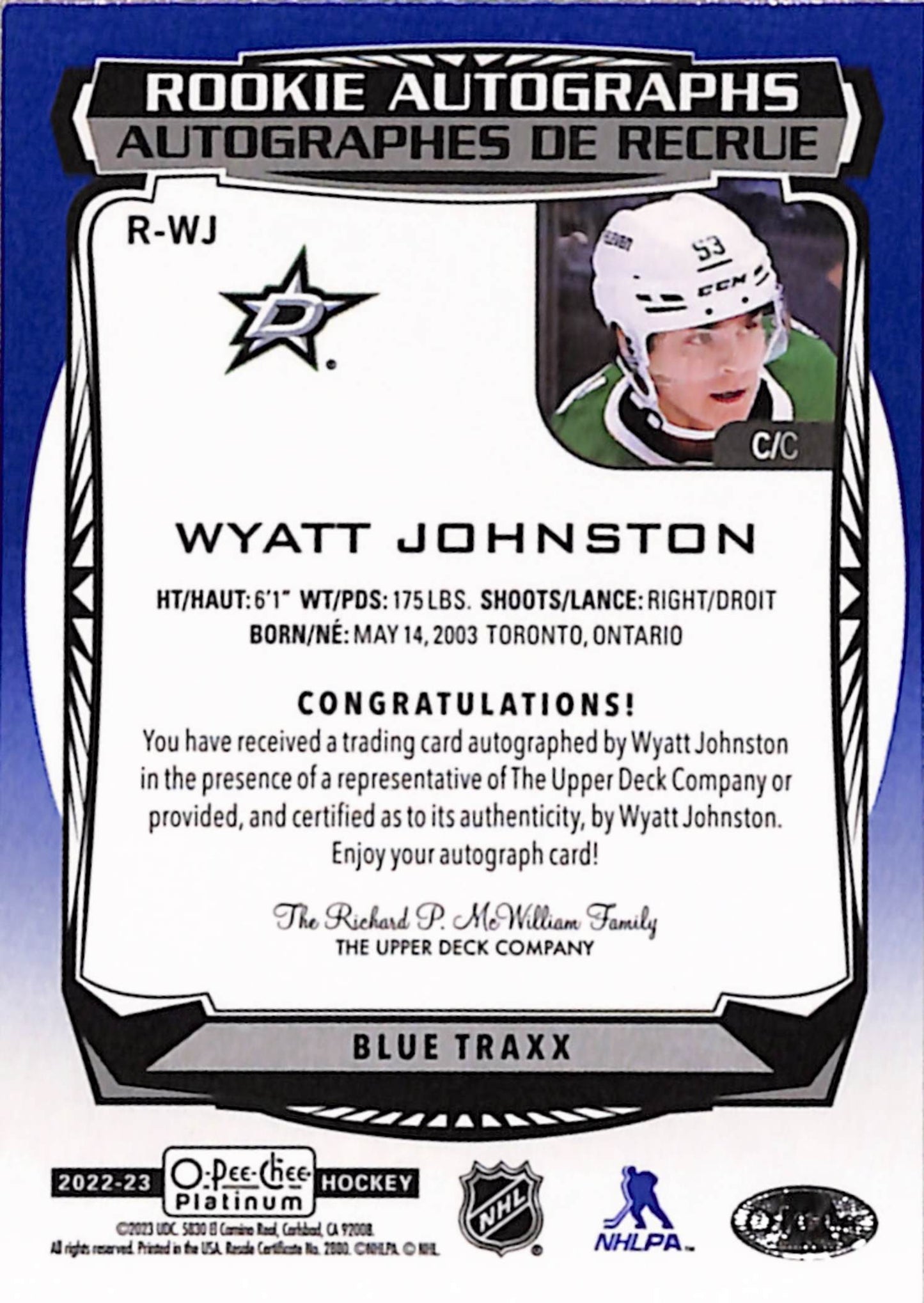 Wyatt Johnston 2022 O-Pee-Chee Platinum Blue Traxx Rookie Auto