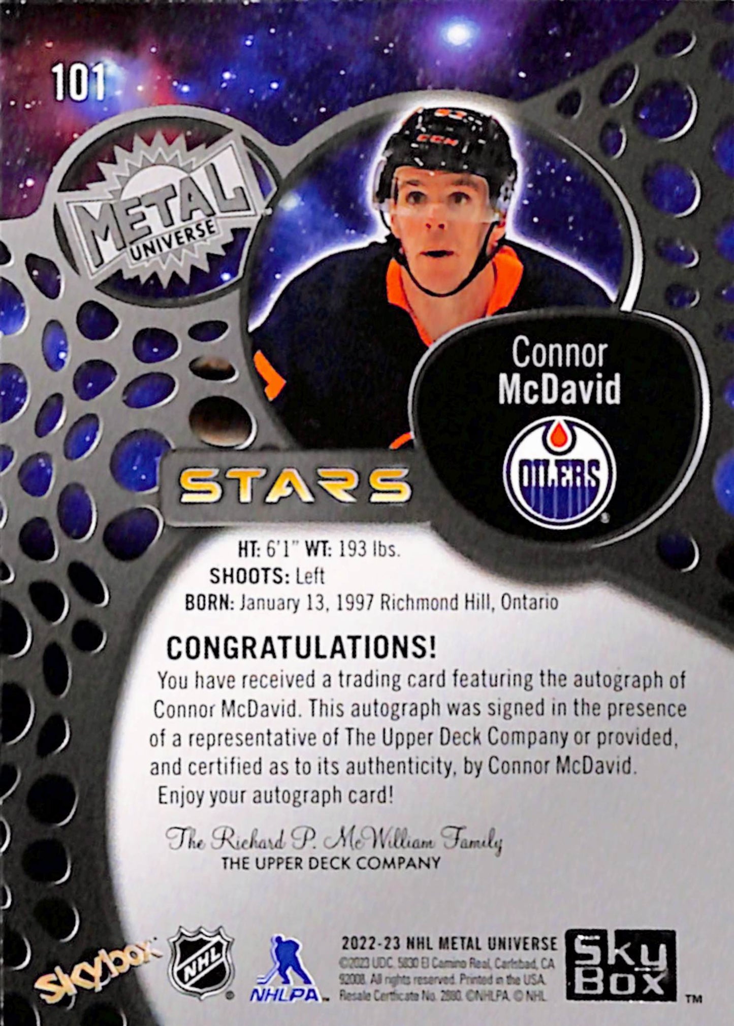 Connor McDavid 2022 Upper Deck Metal Universe Stars Autograph