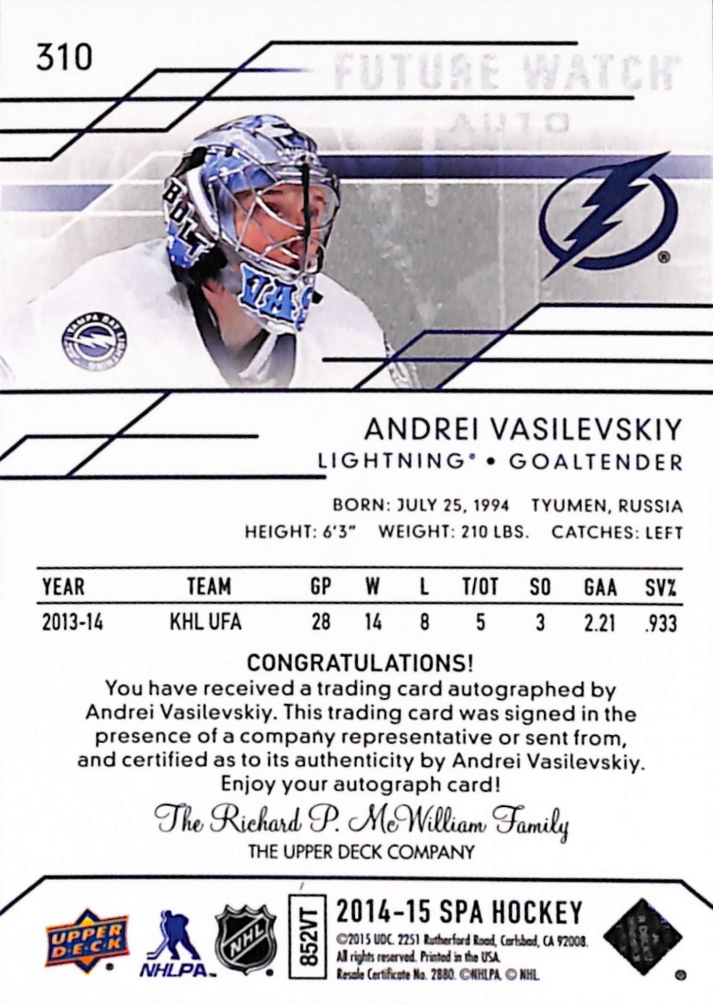 Andrei Vasilevskiy 2014 SP Authentic Rookie Auto #865/999