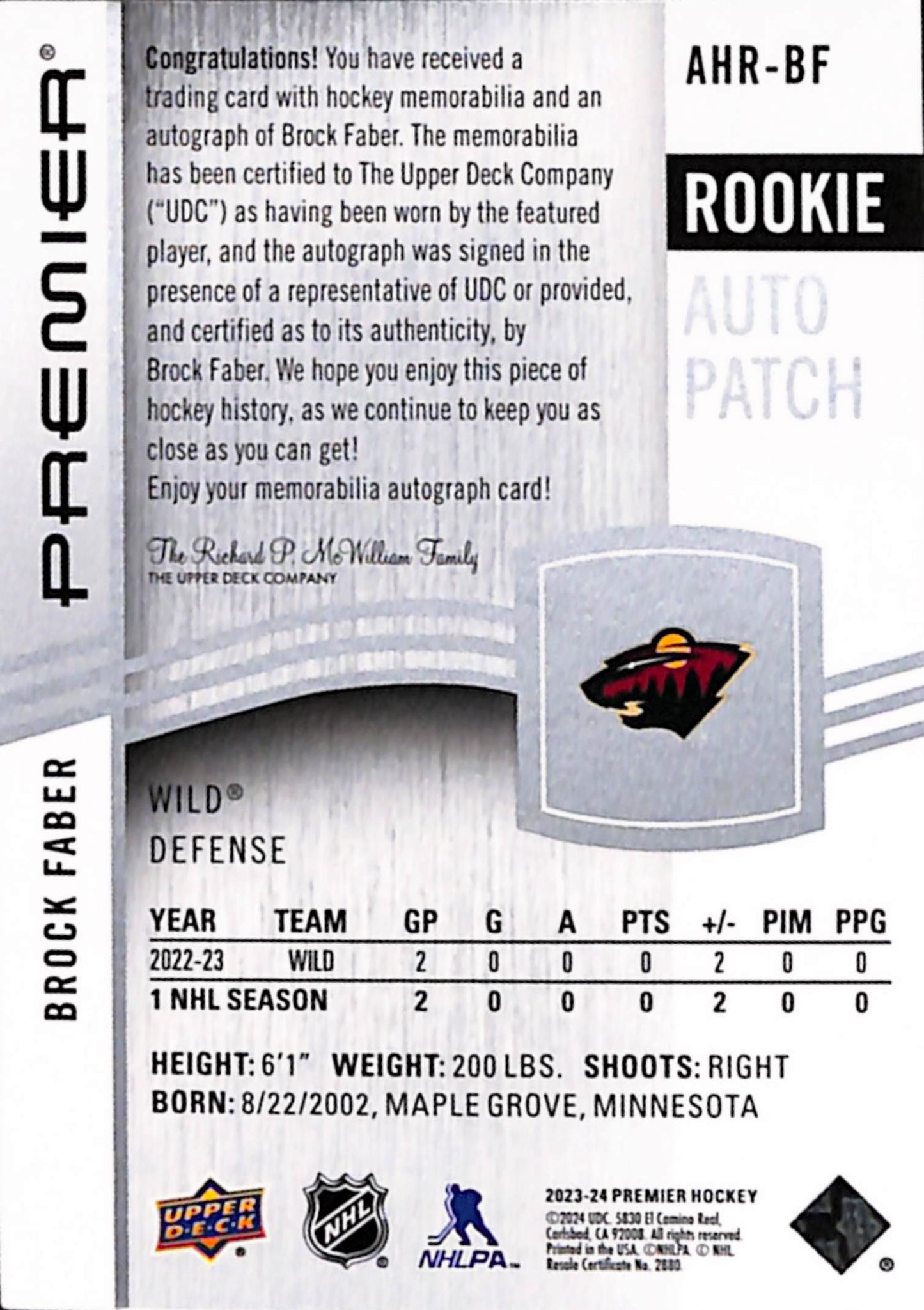 Brock Faber 2023 Upper Deck Premier Rookie Patch Auto #75/99