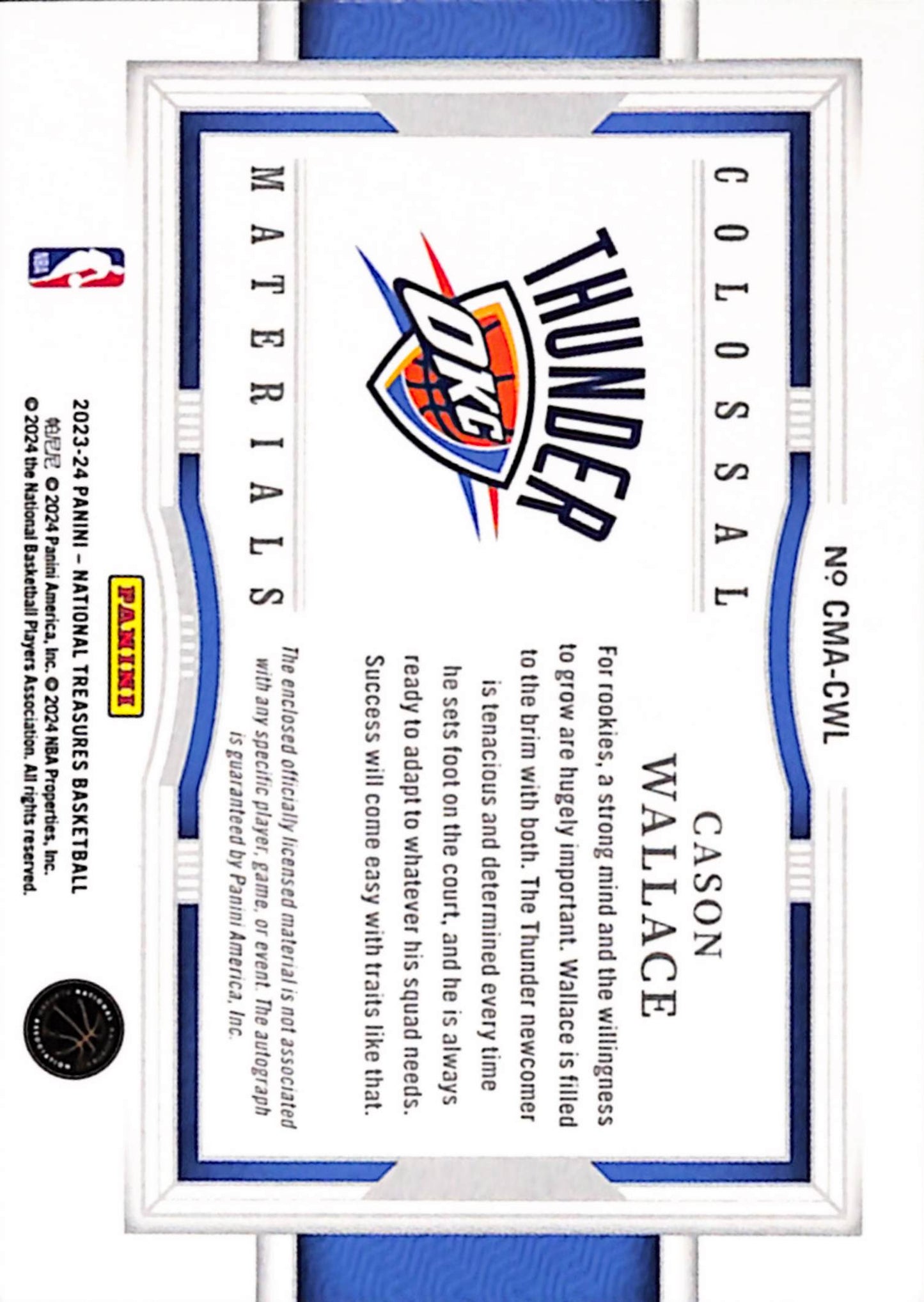 Cason Wallace 2023 Panini National Treasure Basketball Colossal Rookie Jersey Auto #5/35