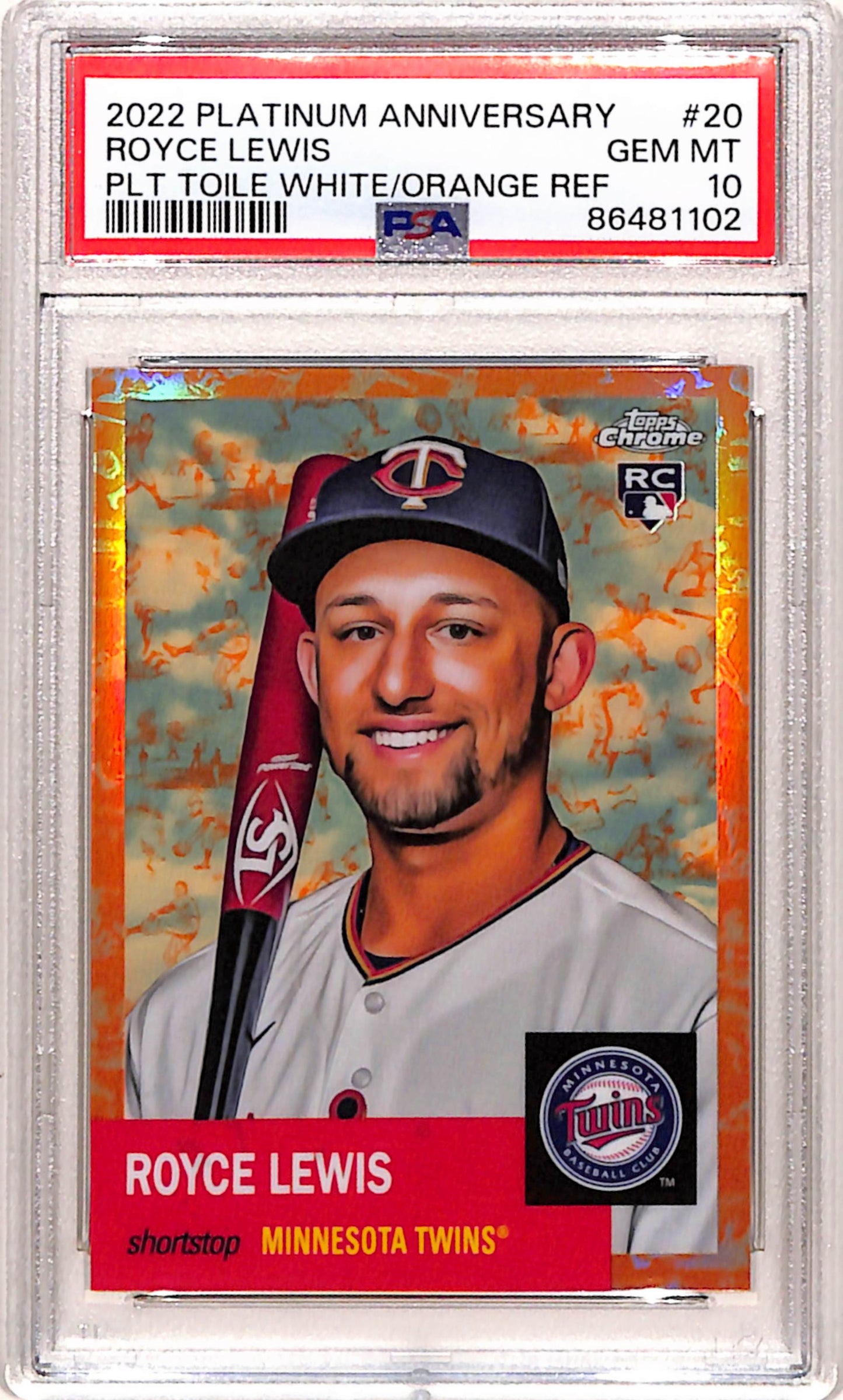 Royce Lewis 2022 Topps Platinum Anniversary Toile White/Orange Ref #9/25 PSA 10 Gem Mint
