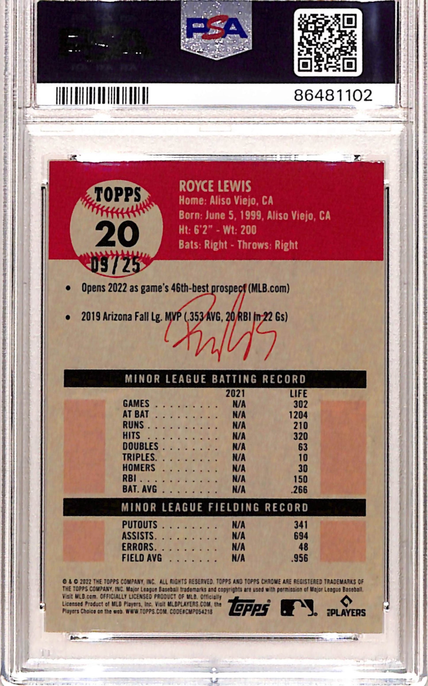 Royce Lewis 2022 Topps Platinum Anniversary Toile White/Orange Ref #9/25 PSA 10 Gem Mint