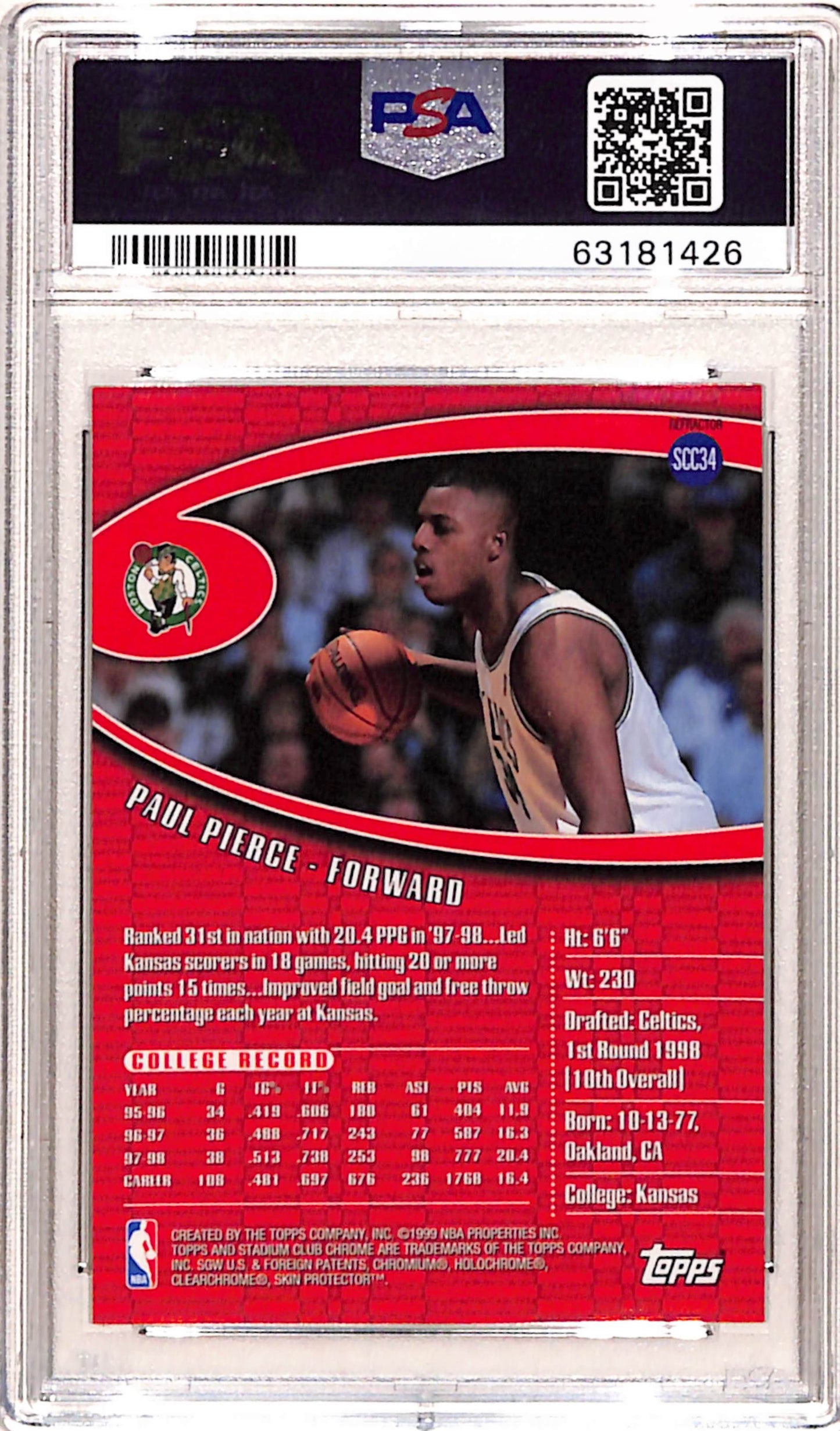 Paul Pierce 1998 Stadium Club Chrome Refractor #34 PSA 10 Gem Mint