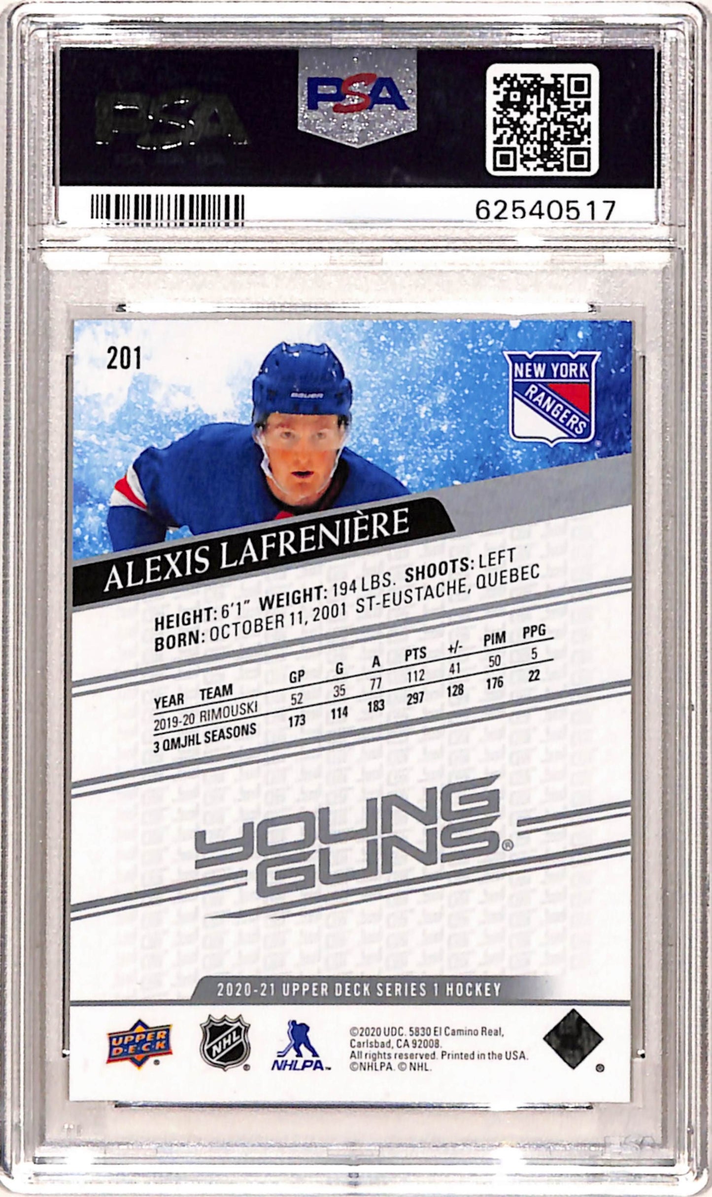 Alexis Lafreniere 2020 Upper Deck Rookie #201 PSA 10 Gem Mint 0517