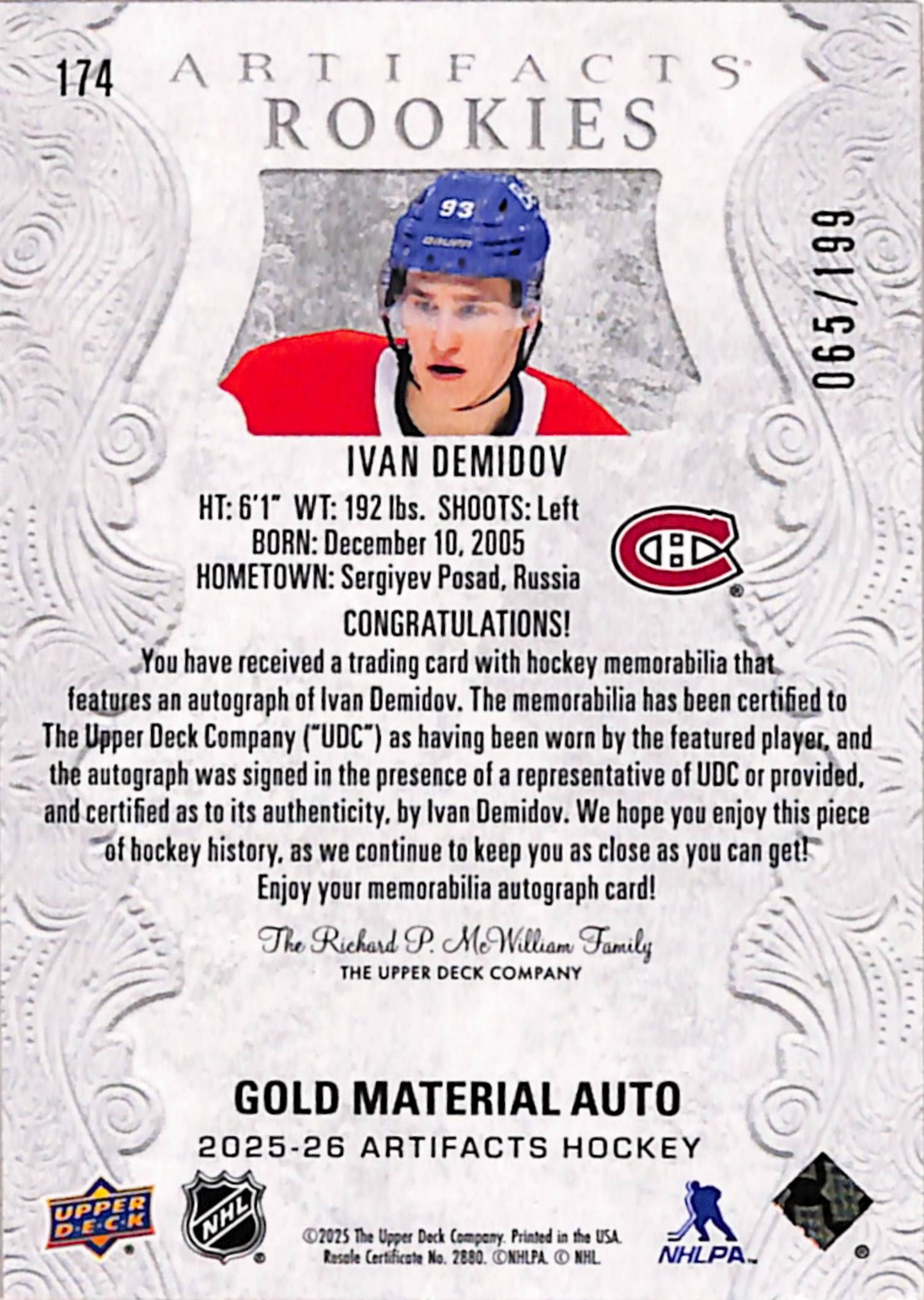 Ivan Demidov 2025 Upper Deck Artifacts Dual Jersey Auto Rookie #65/199