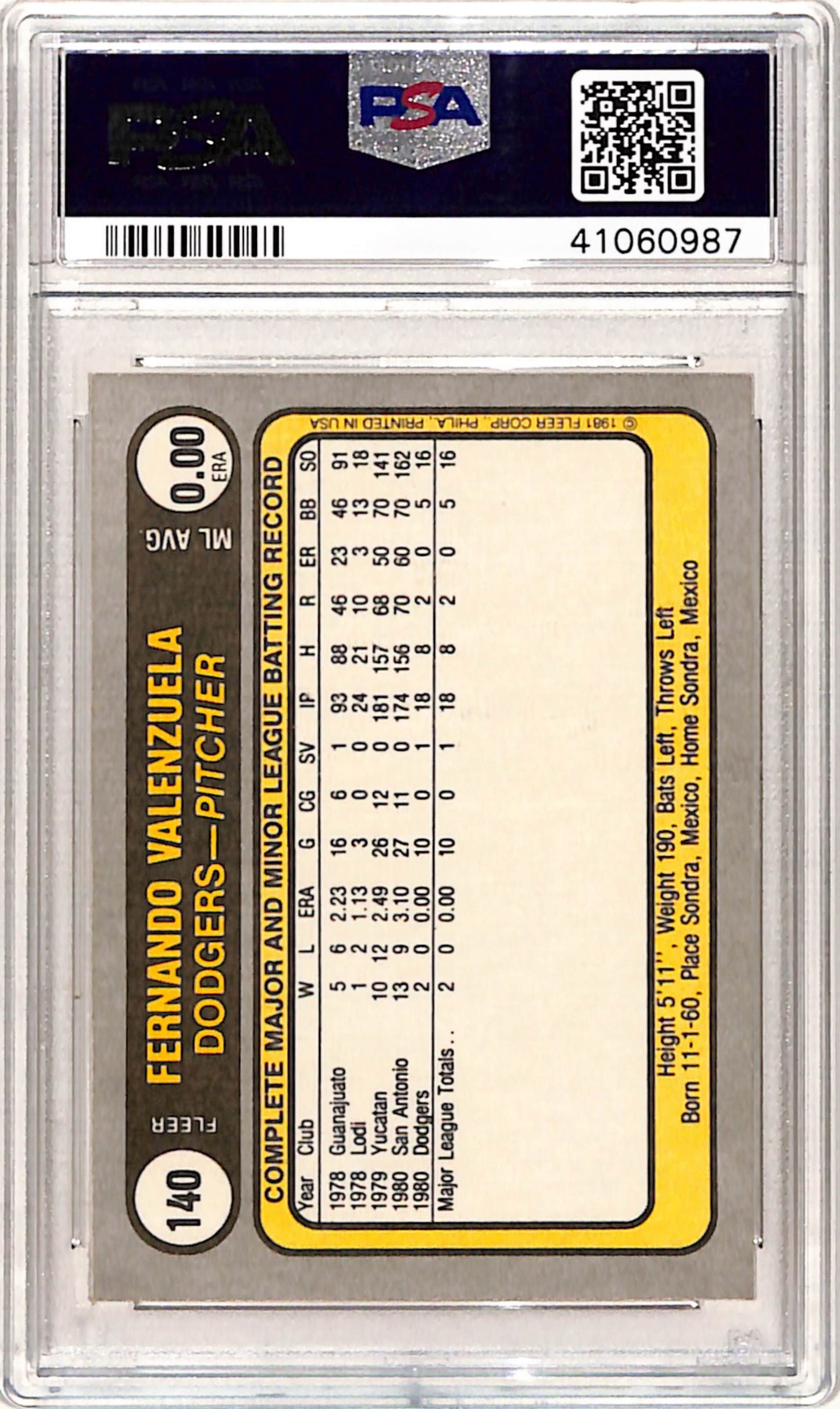 Fernando Valenzuela 1981 Fleer Rookie #140 PSA 10 Gem Mint