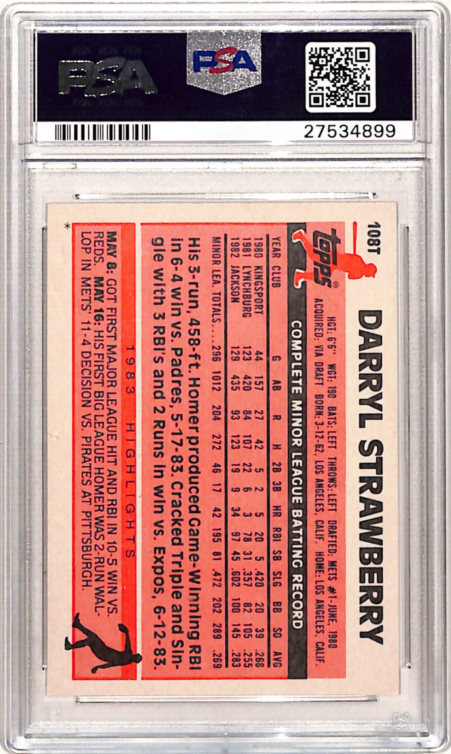 Darryl Strawberry 1983 Topps Traded Rookie #108T PSA 10 Gem Mint