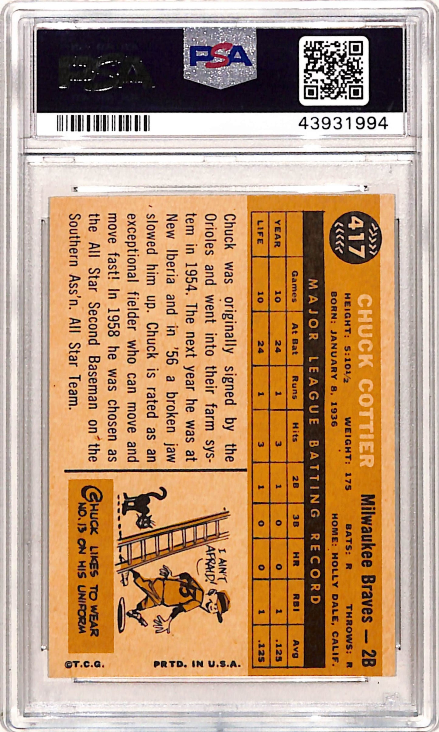 Chuck Cottier 1960 Topps #417 PSA 9 Mint