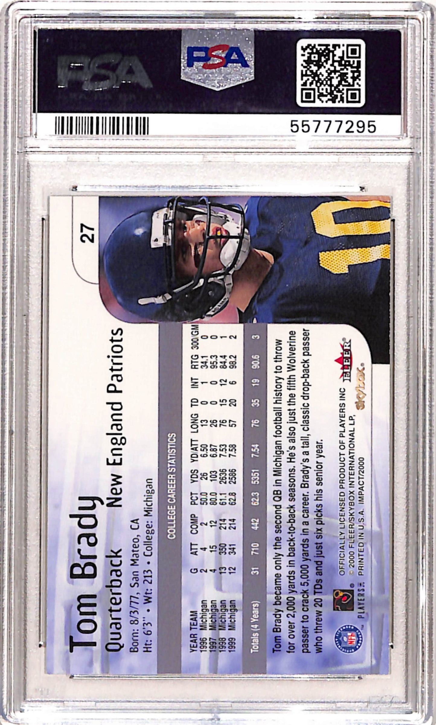 Tom Brady 2000 Skybox Impact Rookie #27 PSA 8.5 Nm-Mint+