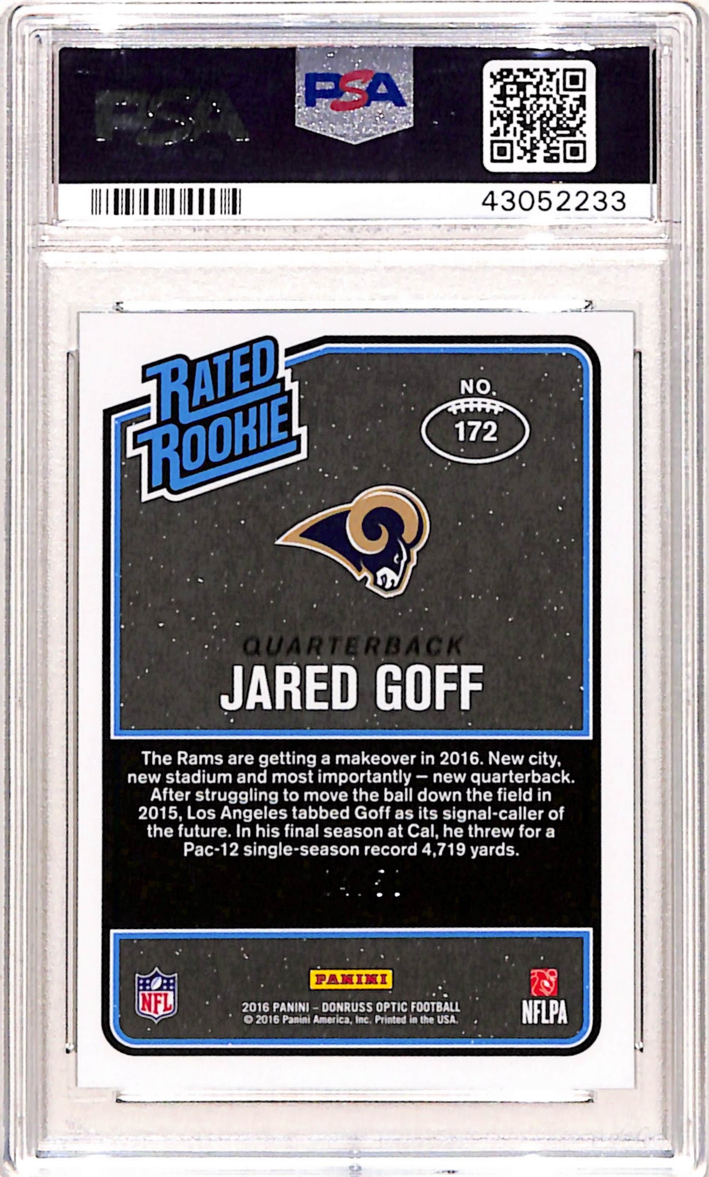 Jared Goff 2016 Donruss Optic Rookie #172 Carolina Blue #4/50 PSA 10 Gem Mint