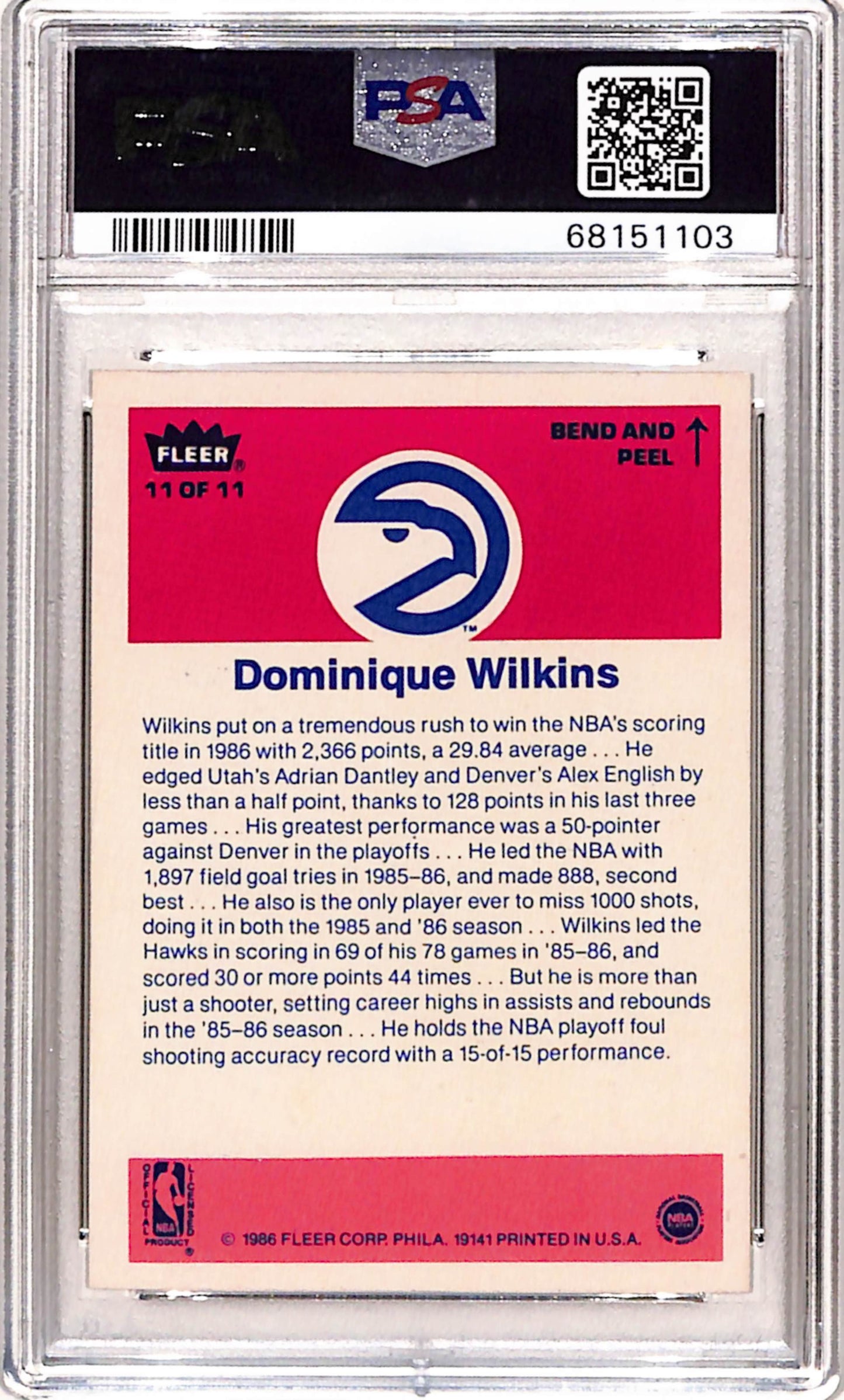 Dominique Wilkins 1986 Fleer Sticker #11 PSA 8 Nm-Mint