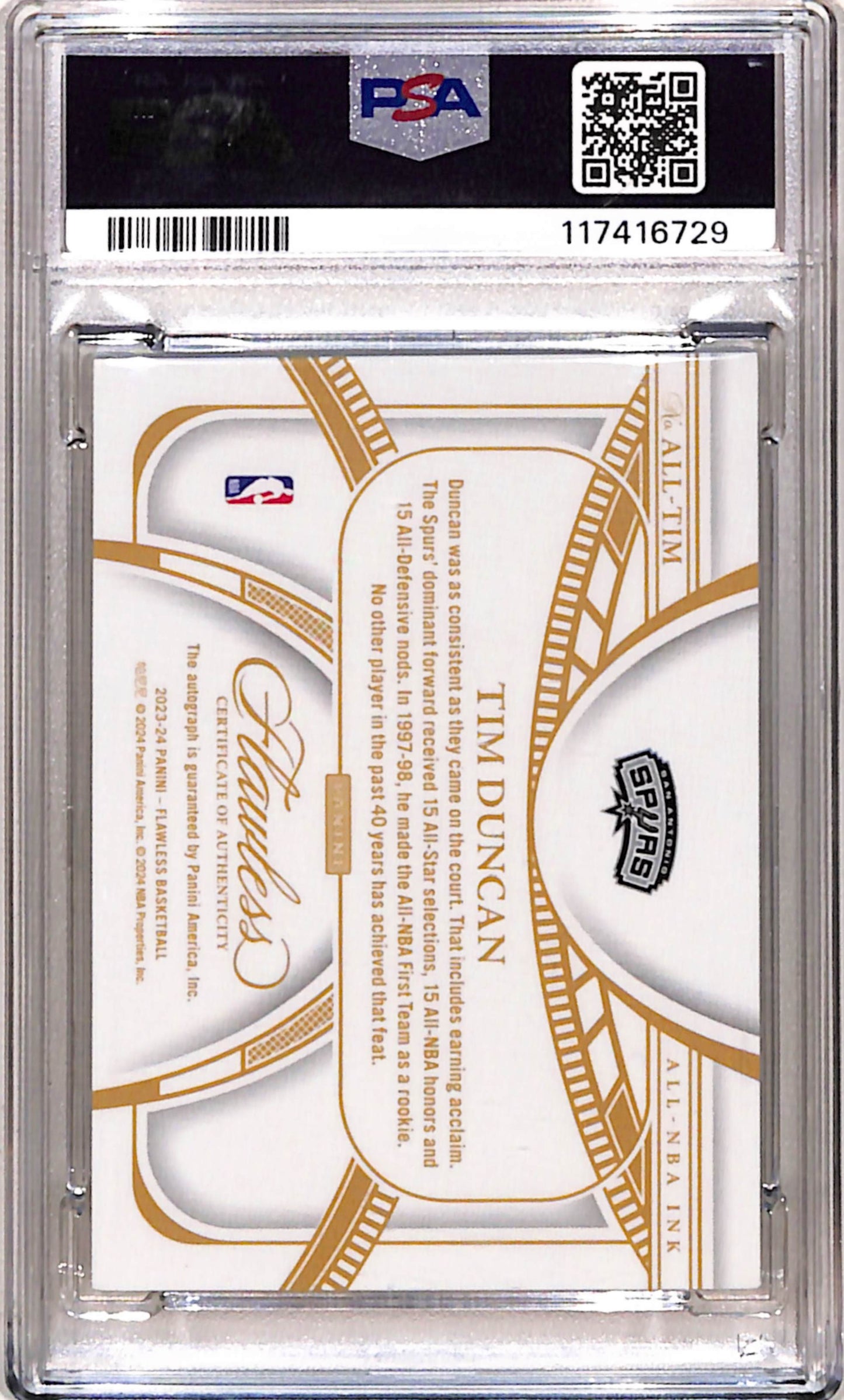 Tim Duncan 2023 Panini Flawless All-NBA Ink Auto #17/25 PSA 10 Gem Mint