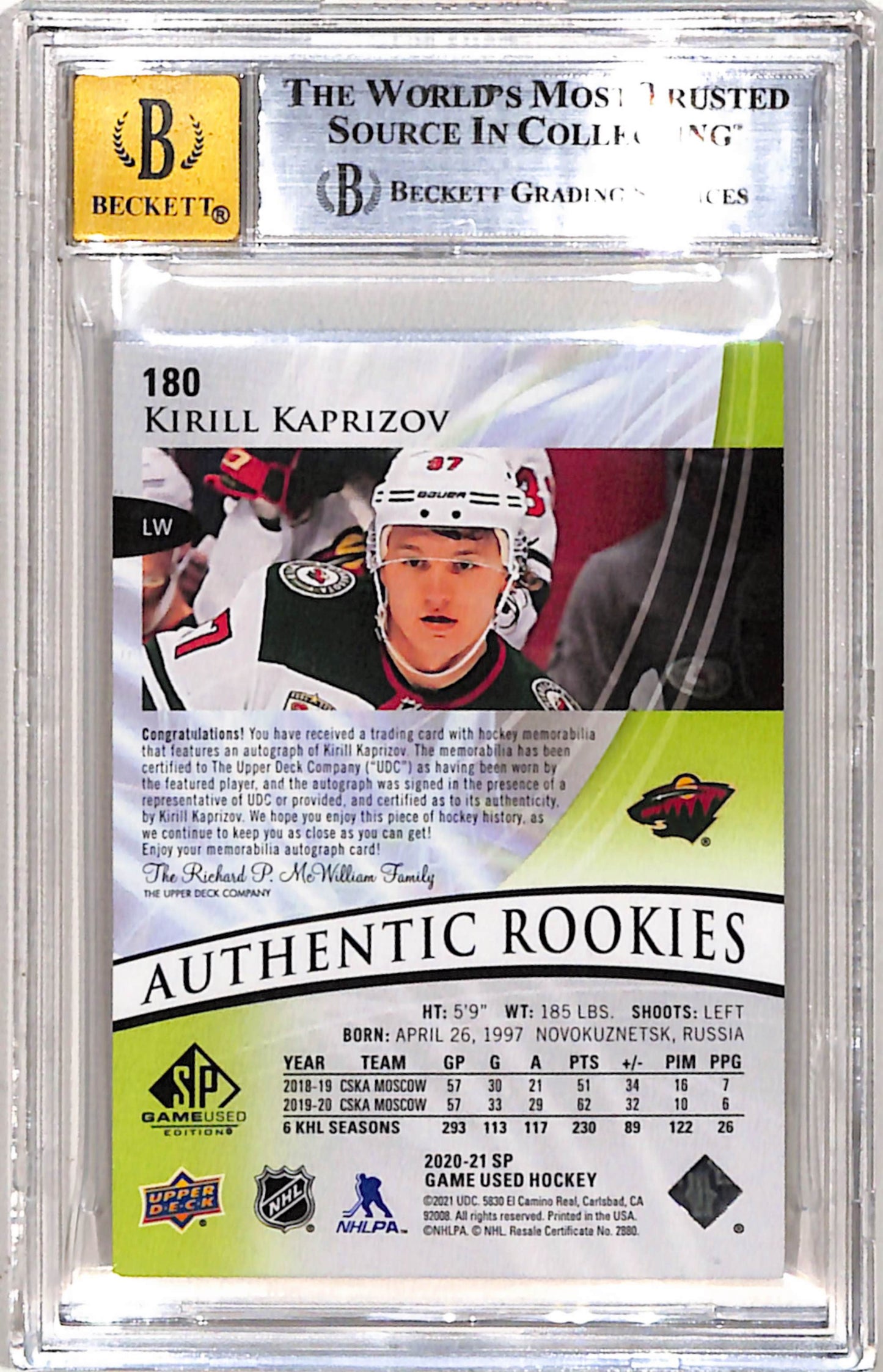 Kirill Kaprizov 2020 Upper Deck SP Game-Used Rookie Patch Auto #17/35 BGS 8.5 Auto 10