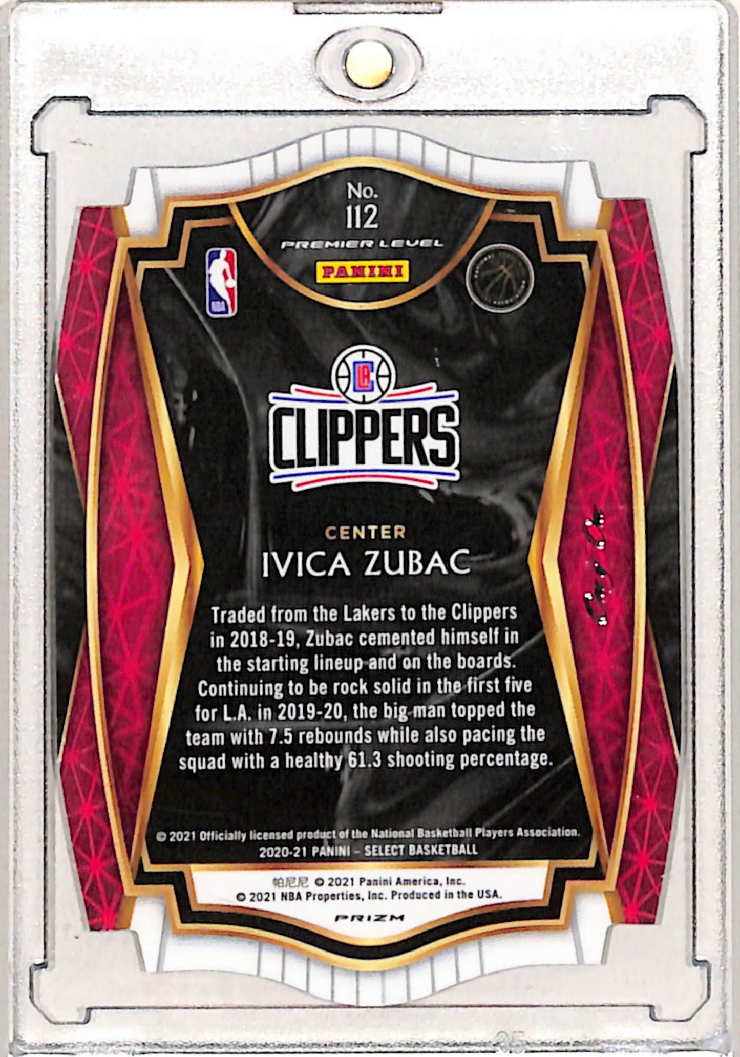 Ivica Zubac 2020 Panini Select #112 Black Die-Cut #1/1