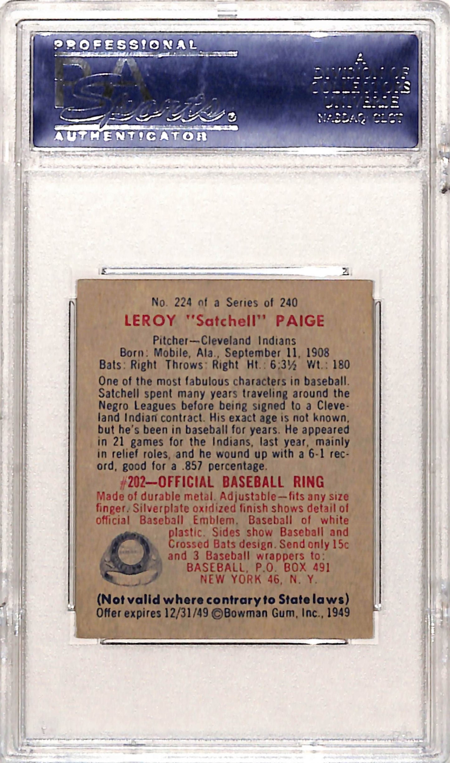 Satchell Paige 1949 Bowman Rookie #224 PSA 6 EX-MINT