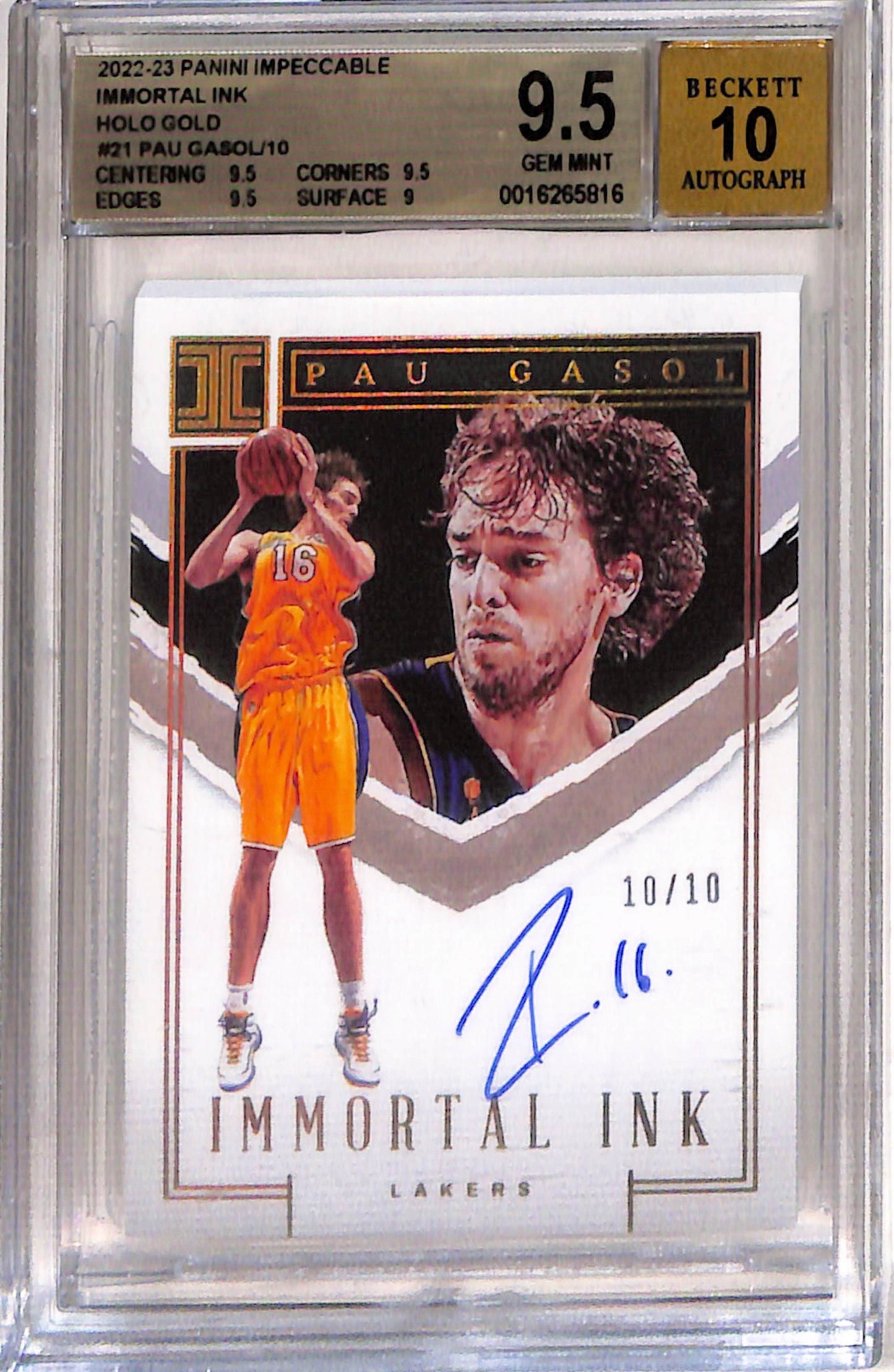 Paul Gasol 2022 Panini Impeccable Immortal Ink Gold Auto #10/10 BGS 9.5 Auto 10