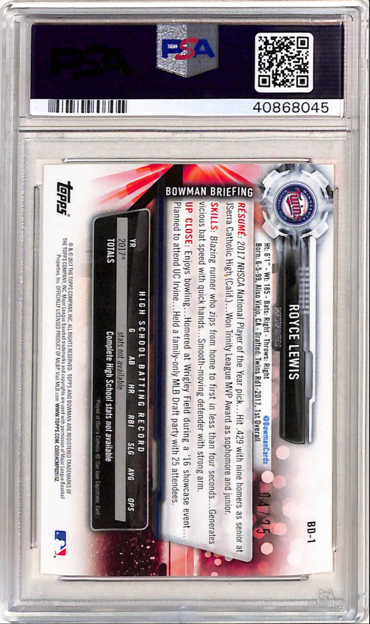 Royce Lewis 2017 Bowman Draft #BD1 Orange #4/25 PSA 10 Gem Mint