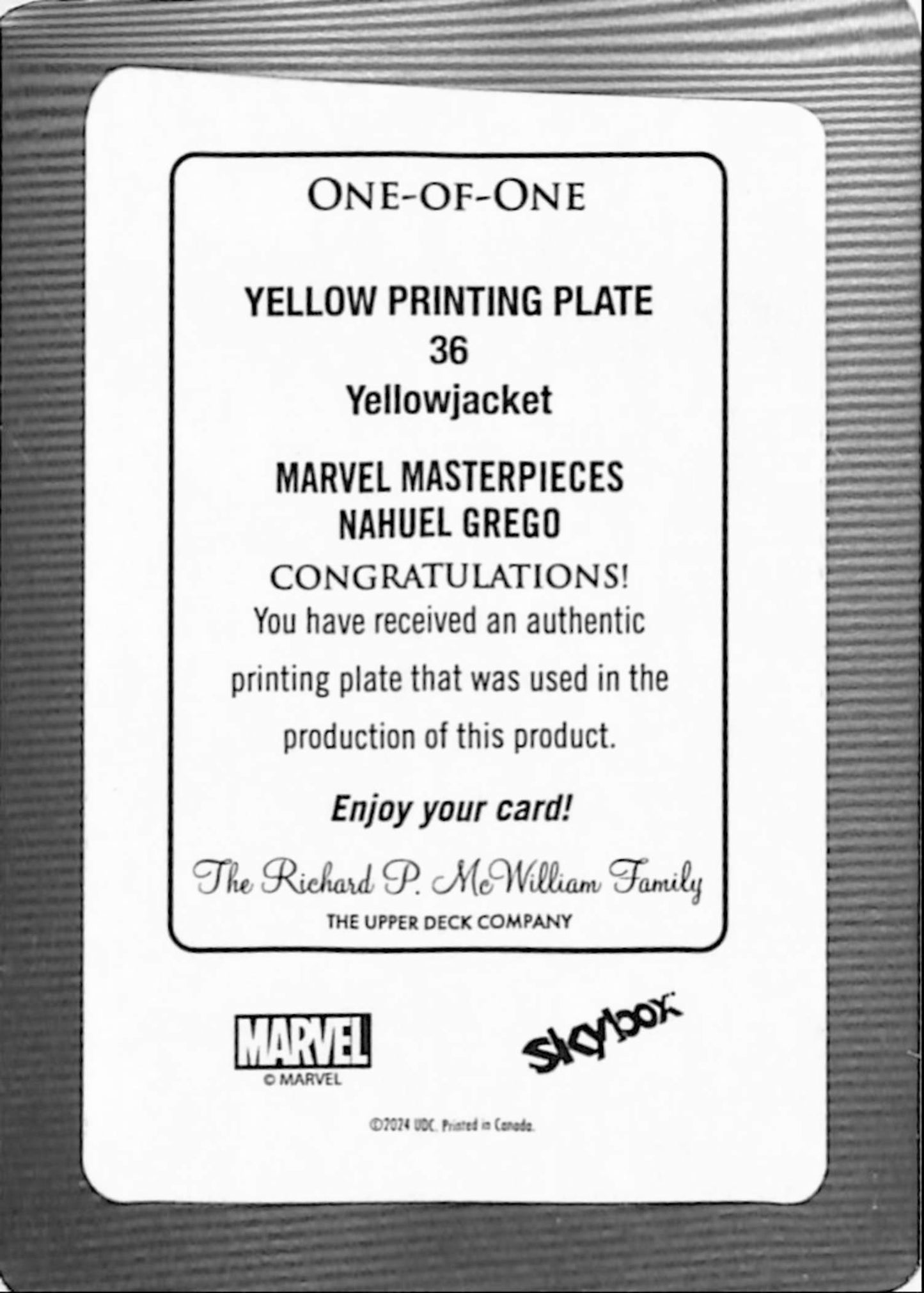 Nahuel Grego 2024 Upper Deck Marvel Masterpieces #36 Yellow Printing Plate #1/1 Yellowjacket
