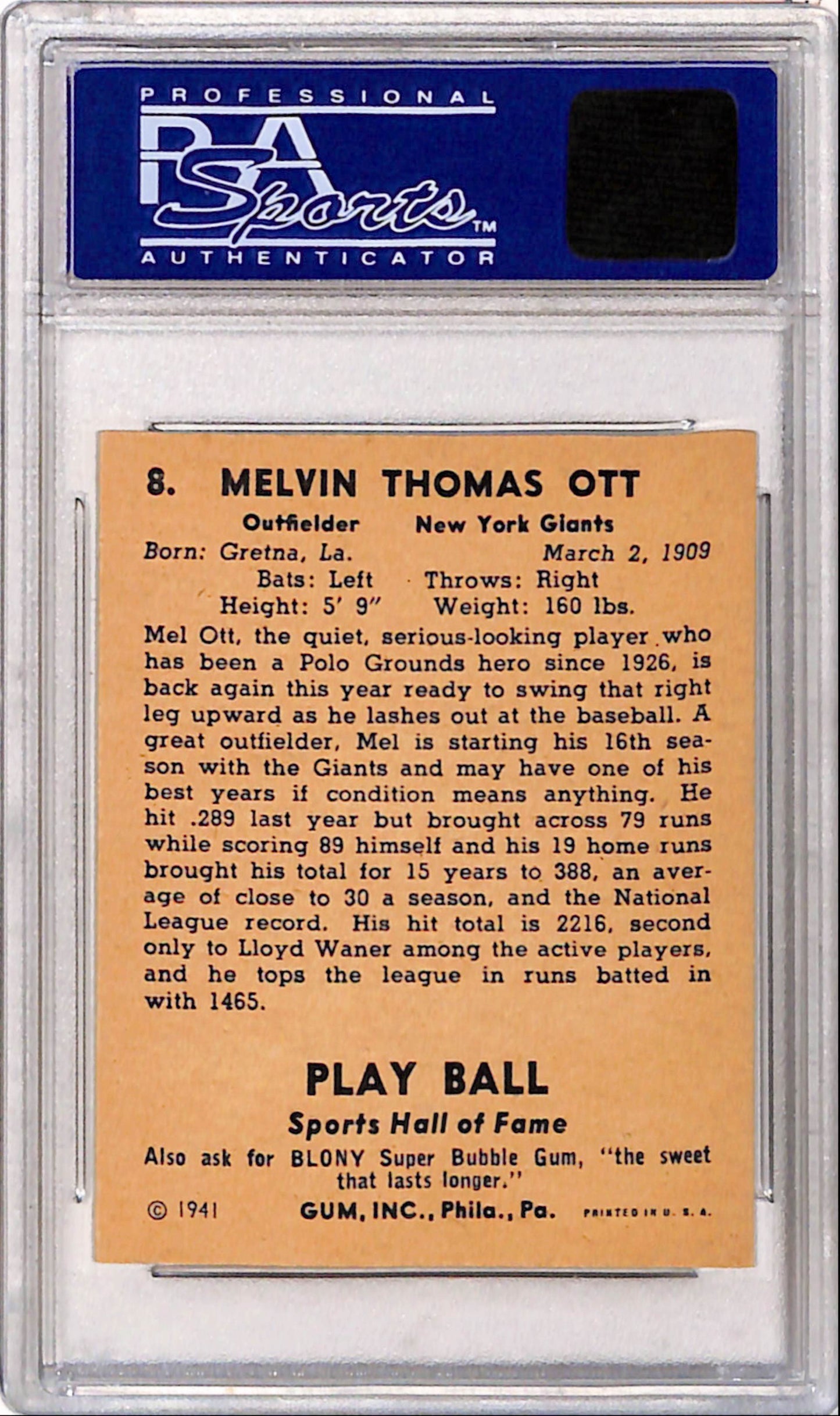 Mel Ott 1941 Play Ball #8 PSA 8 Nm-Mint