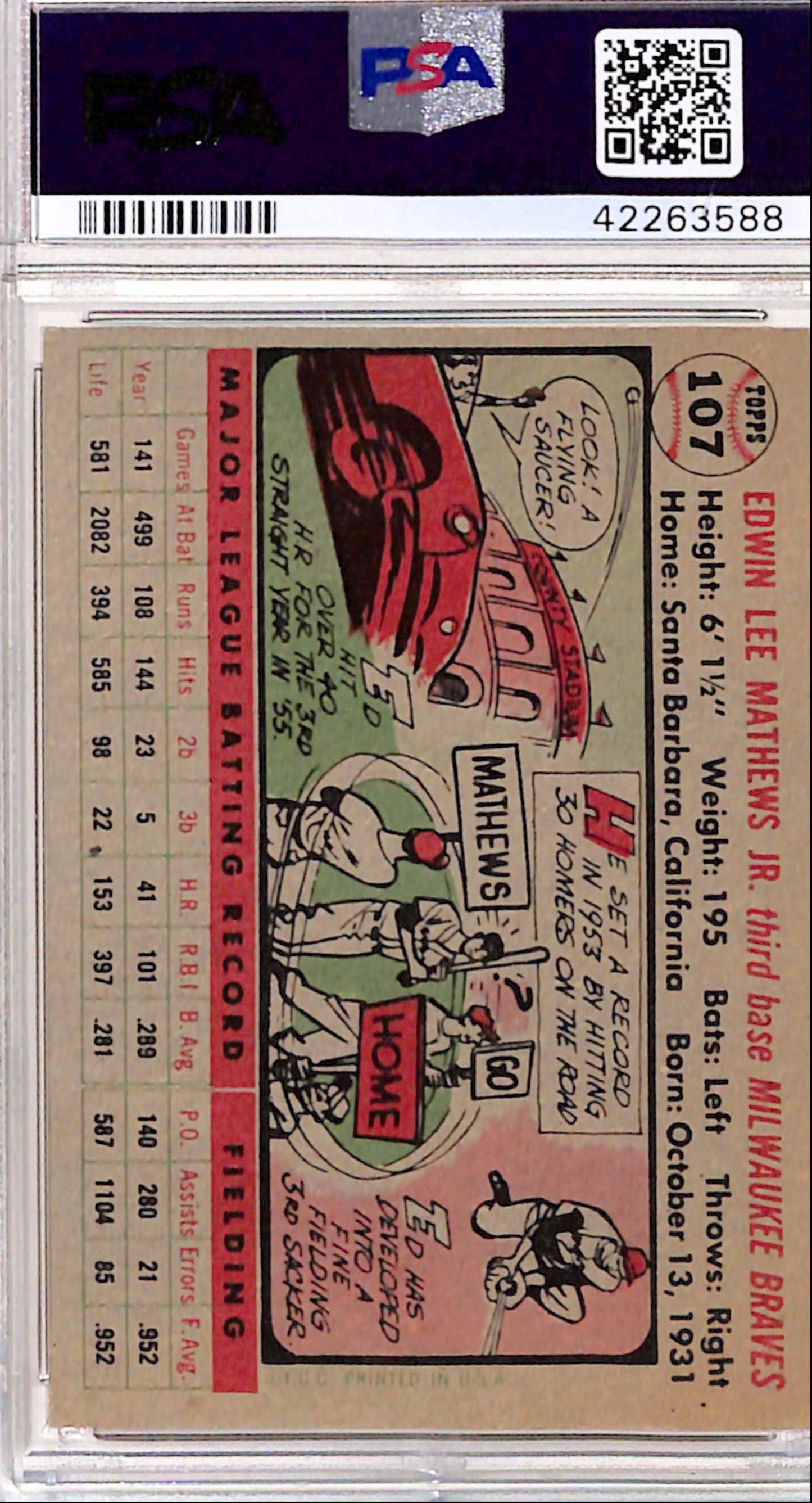 Ed Mathews 1956 Topps #107 Grey Back PSA 8 Nm-Mint