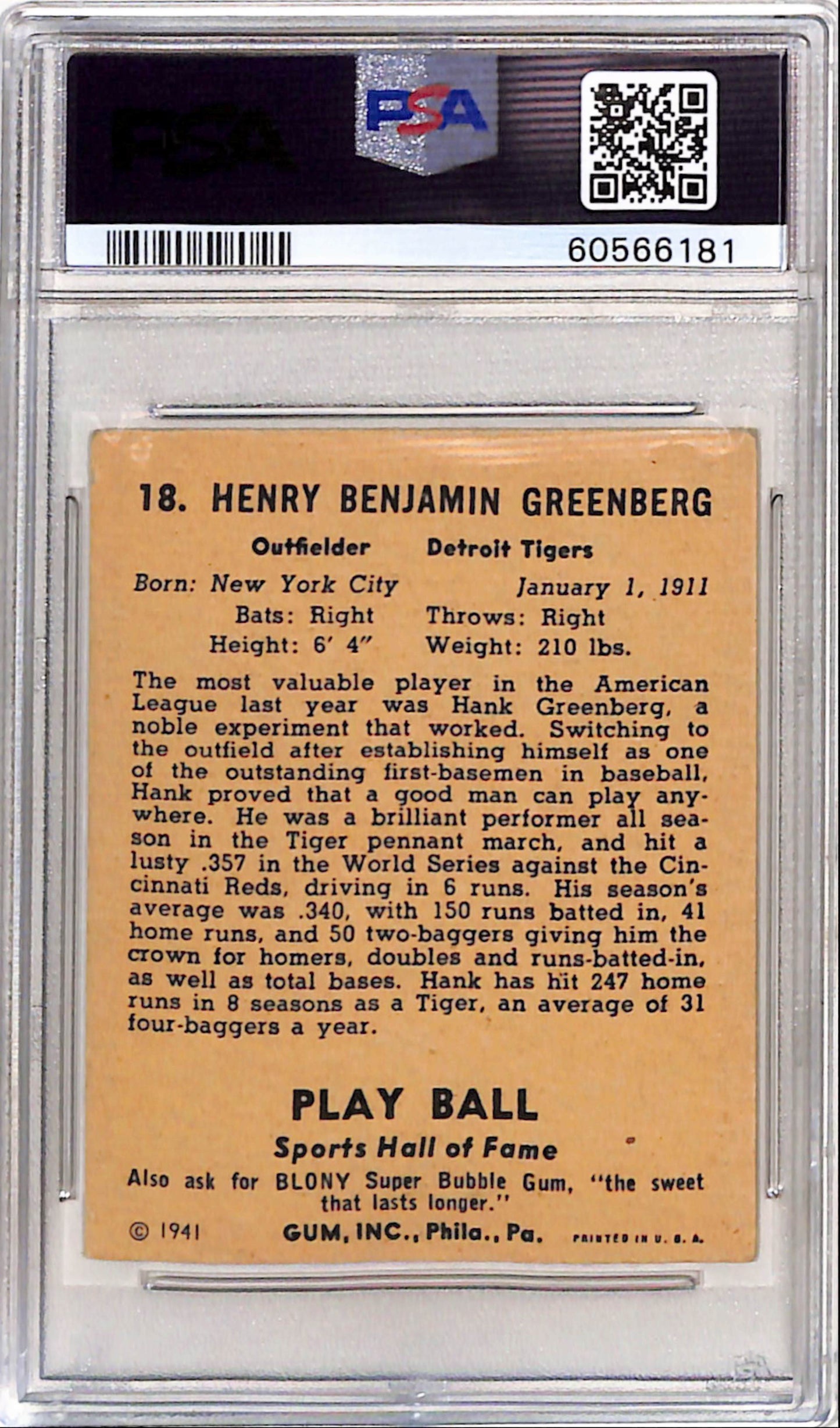 Hank Greenberg 1941 Play Ball #18 PSA 4 VG-EX