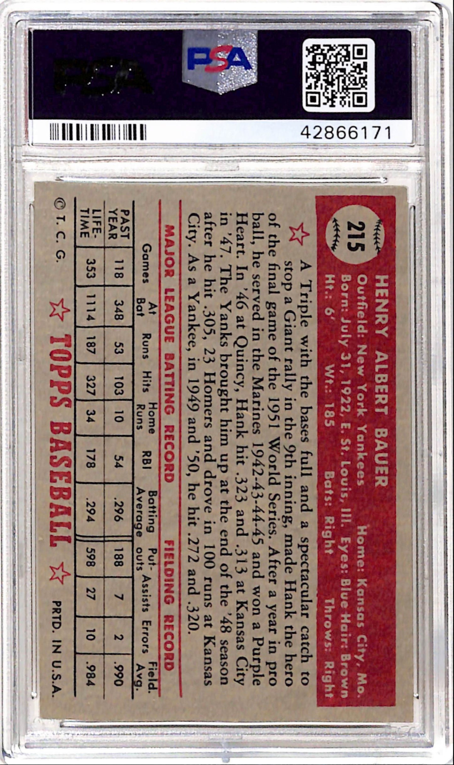 Hank Bauer 1952 Topps #215 PSA 8 Nm-Mint