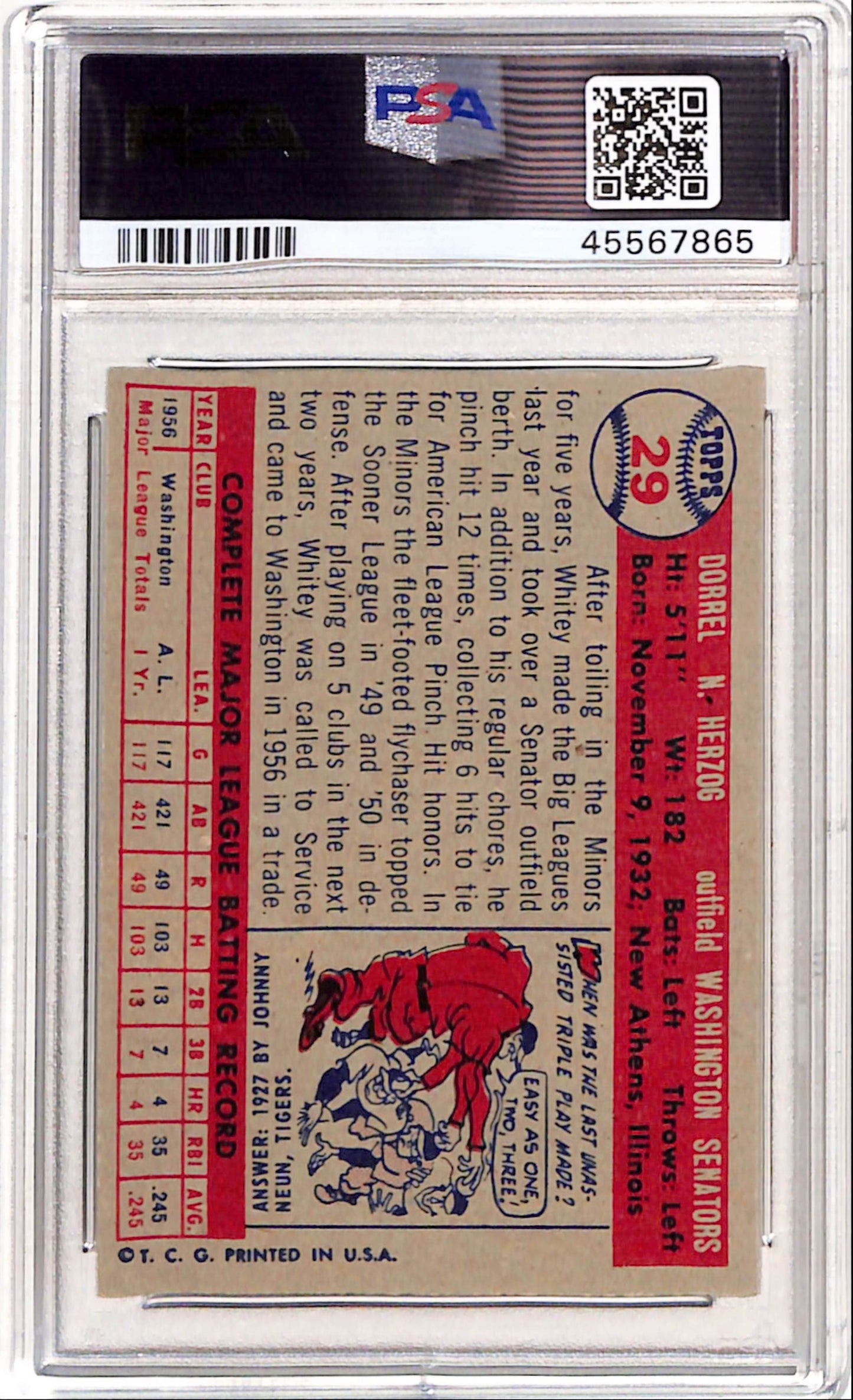Whitey Herzog 1957 Topps Rookie #29 PSA 9 Mint