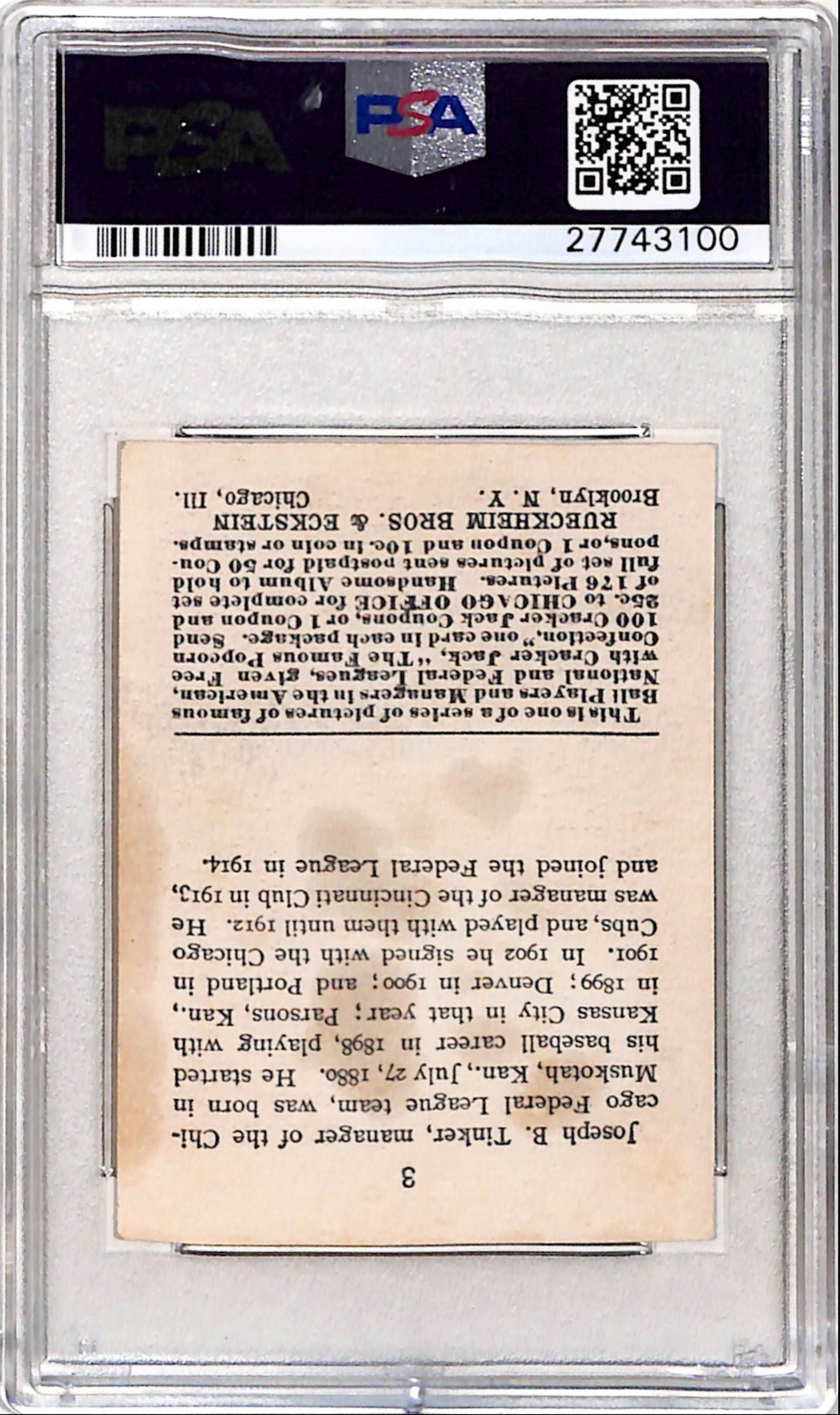 Joe Tinker 1915 Cracker Jack #3 PSA 3 Very Good