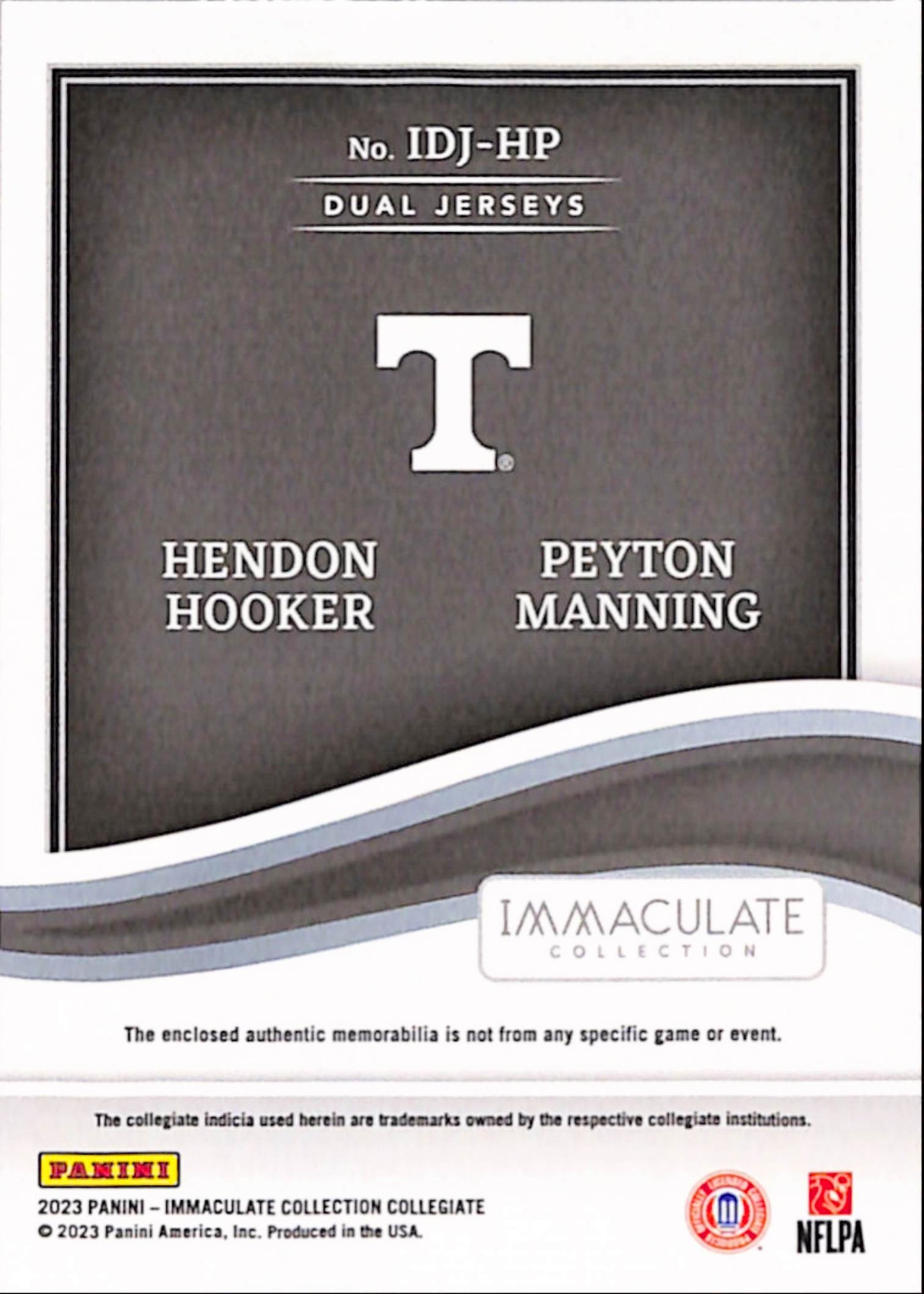 Peyton Manning + Hendon Hooker 2023 Panini Immaculate Collegiate Dual Patch Emerald #4/5