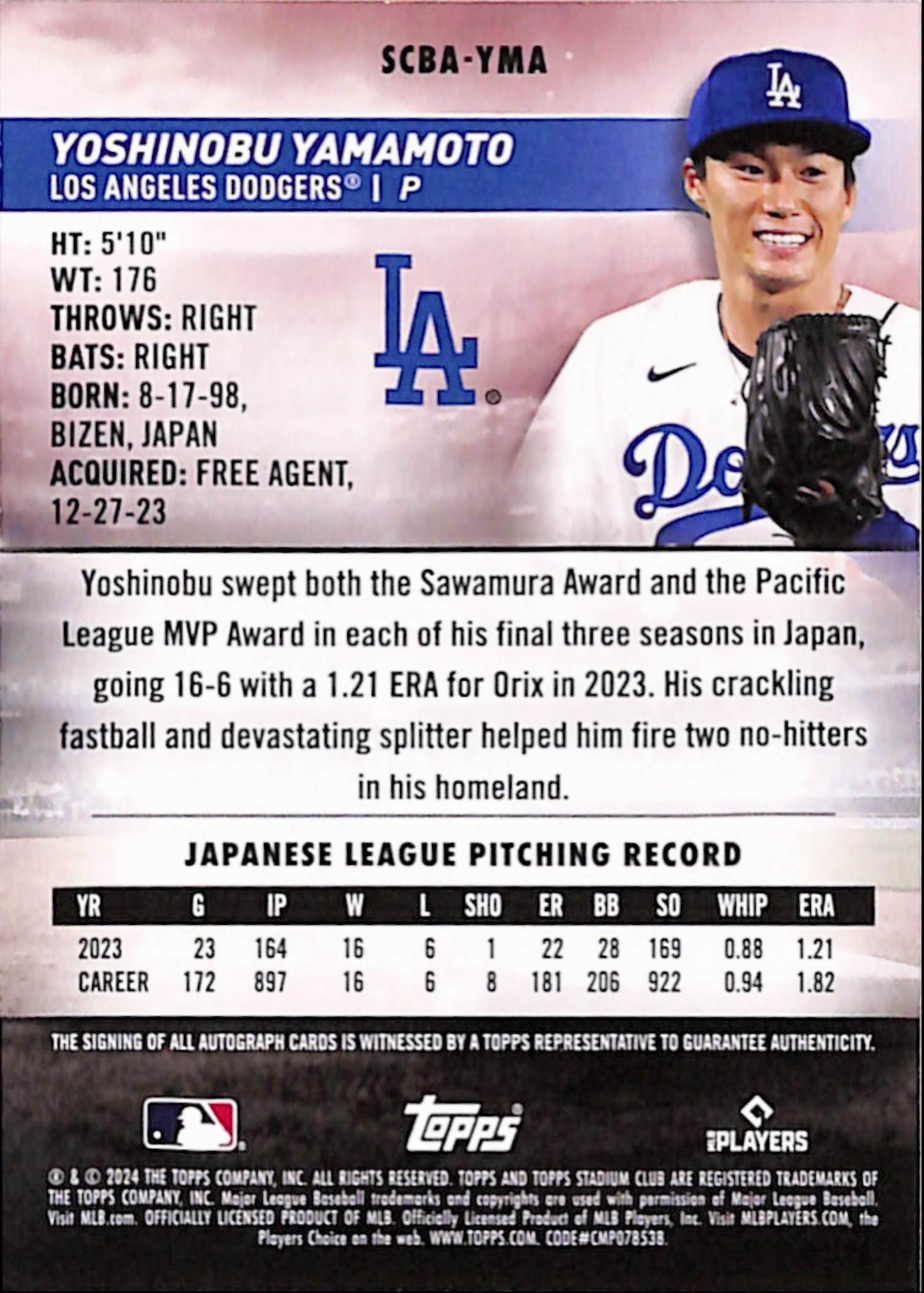 Yoshinobu Yamamoto 2024 Topps Stadium Club Rookie On-Card Auto