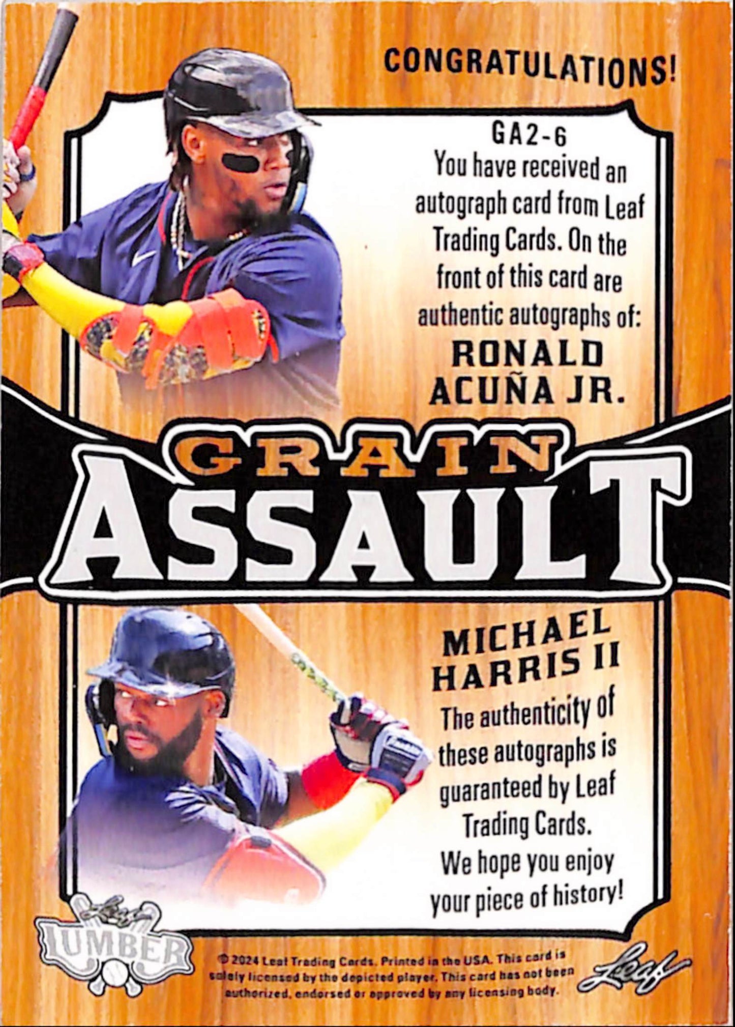 Ronald Acuna Jr + Michael Harris 2024 Leaf Lumber Grain Assault Dual Auto #2/4