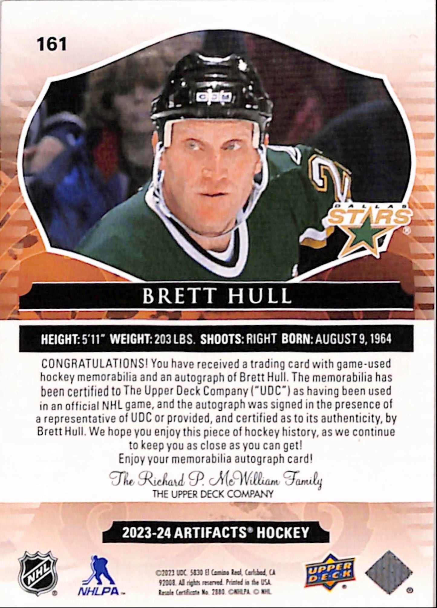 Brett Hull 2023 Upper Deck Artifacts Dual Patch Emerald Auto #1/15