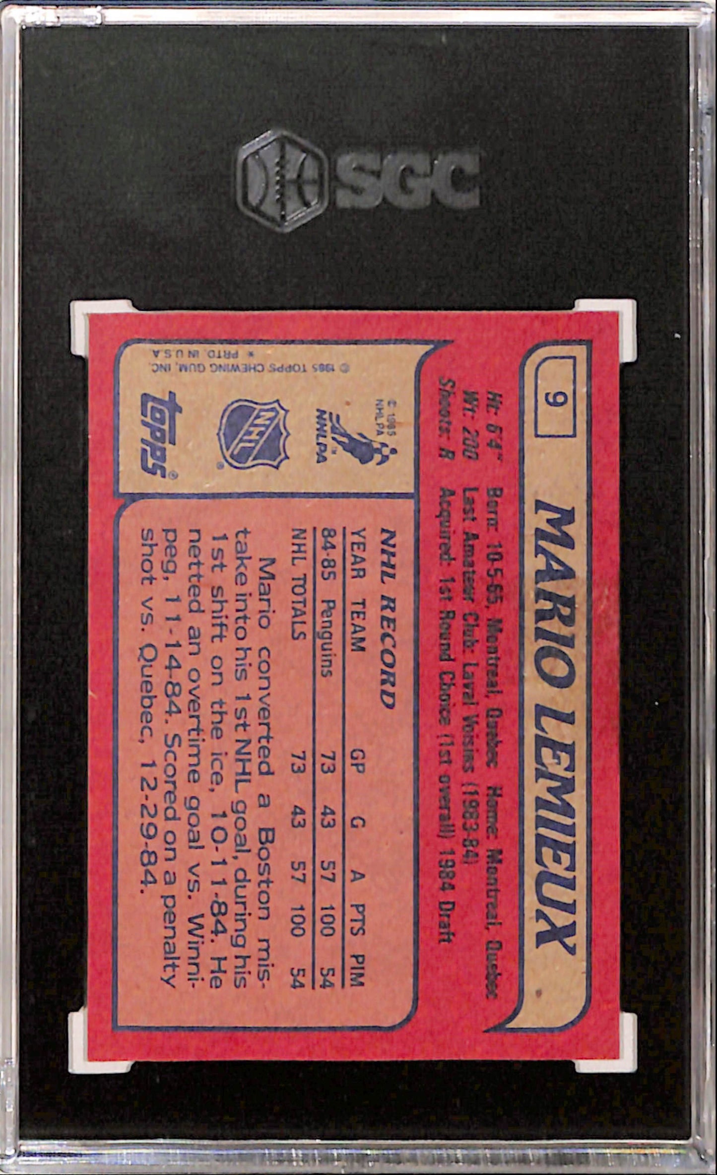 Mario Lemieux 1985 Topps Rookie #9 SGC 7.5 Near Mint+ 4009
