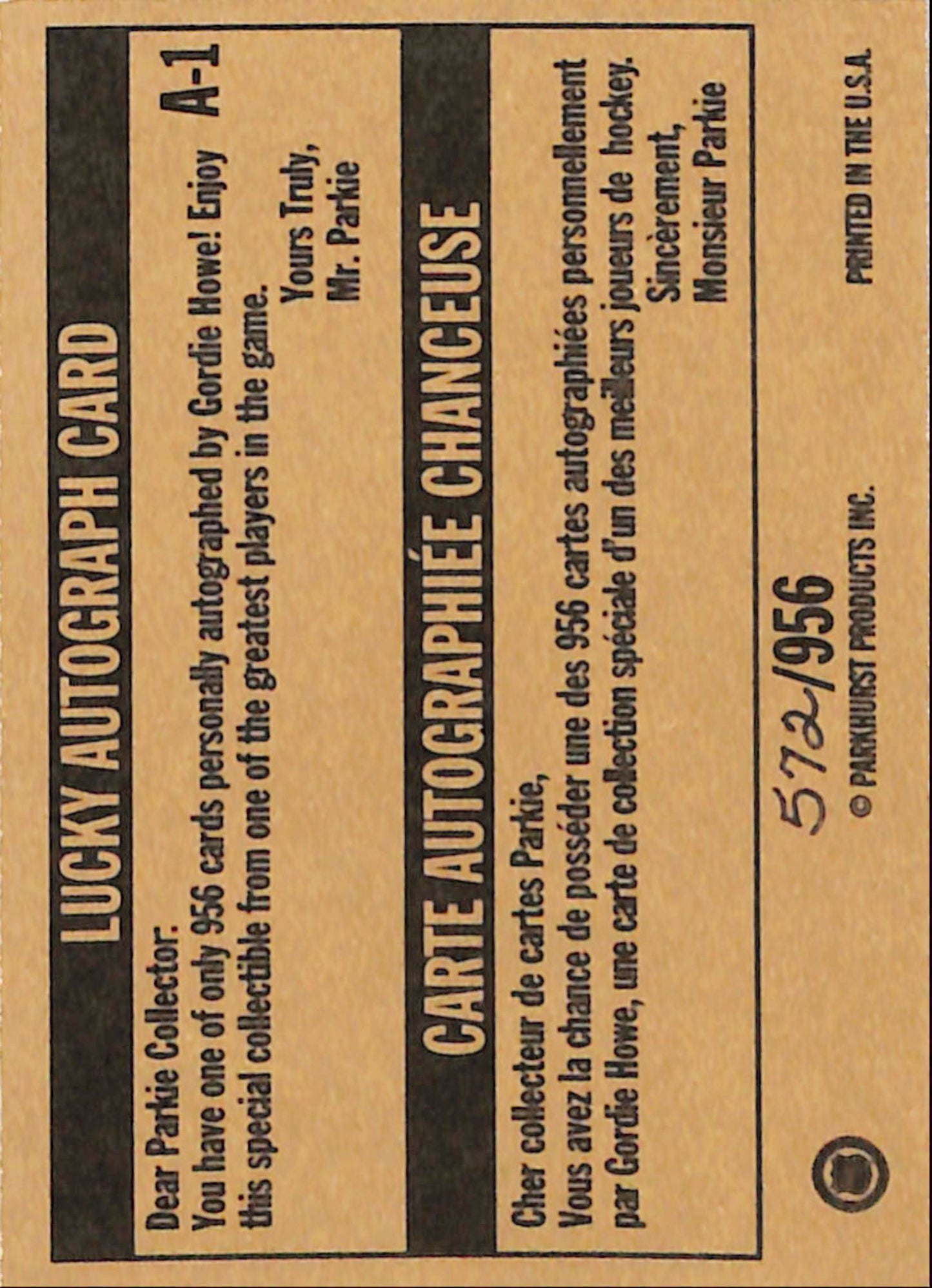 Gordie Howe 1991 Parkhurst Missing Link Lucky Autograph #572/956