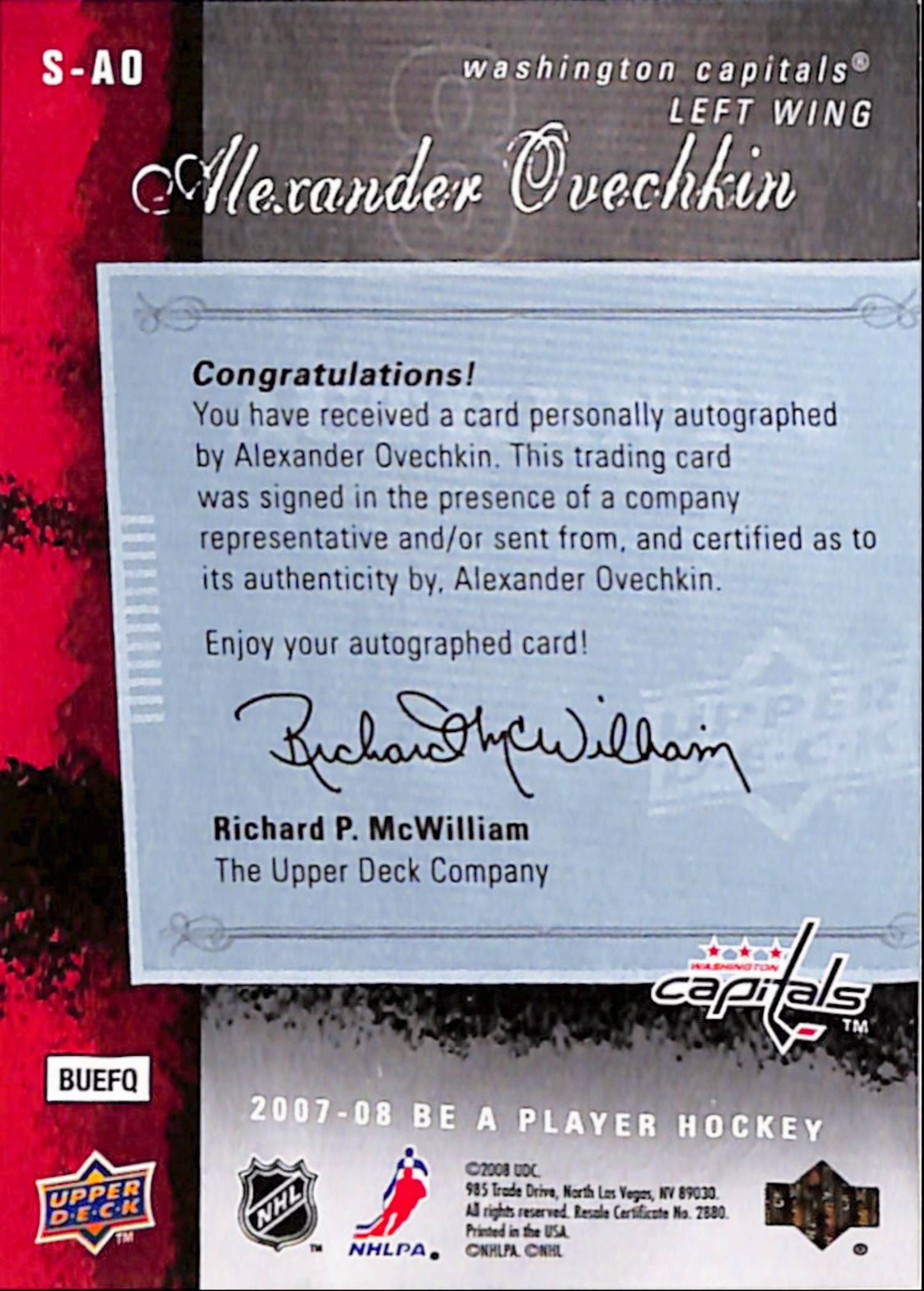 Alex Ovechkin 2007 Be A Player Signatures Auto