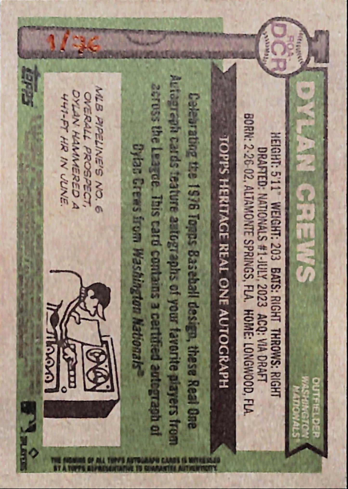 Dylan Crews 2025 Topps Heritage Rookie Real One Red Ink Auto #1/76