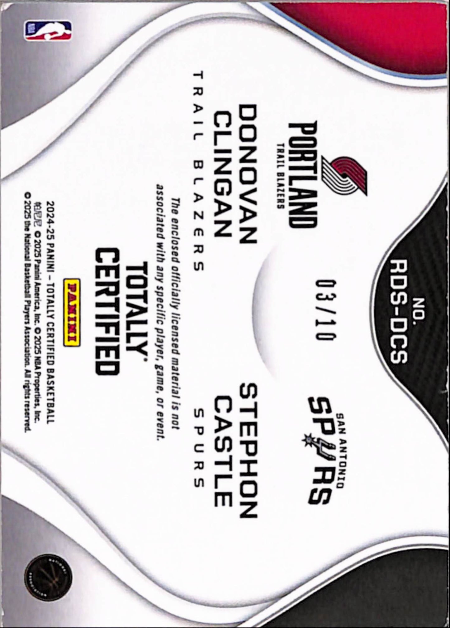 Donovan Clingan + Stephon Castle 2024 Panini Totally Certified Gold Dual Patch #3/10
