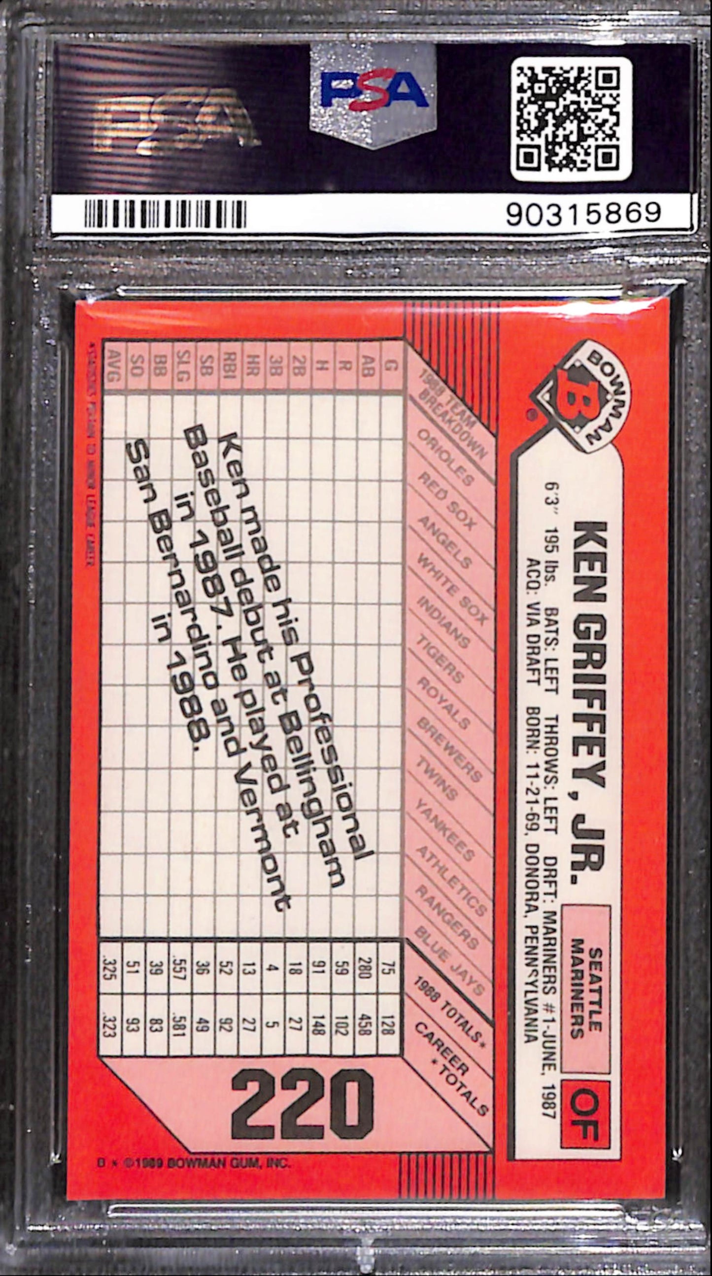 Ken Griffey Jr 1989 Bowman Tiffany Rookie #220 PSA 9 Mint